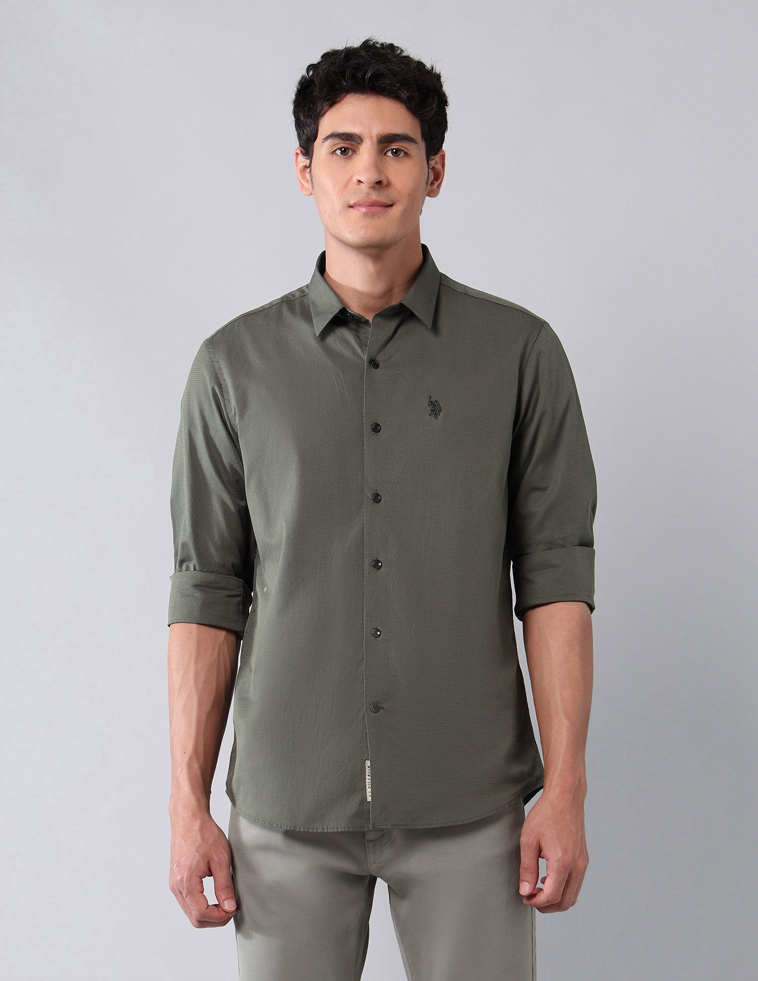 Pure Cotton Regular Fit Dobby Shirt Olive - U.S. Polo Assn. India | Large