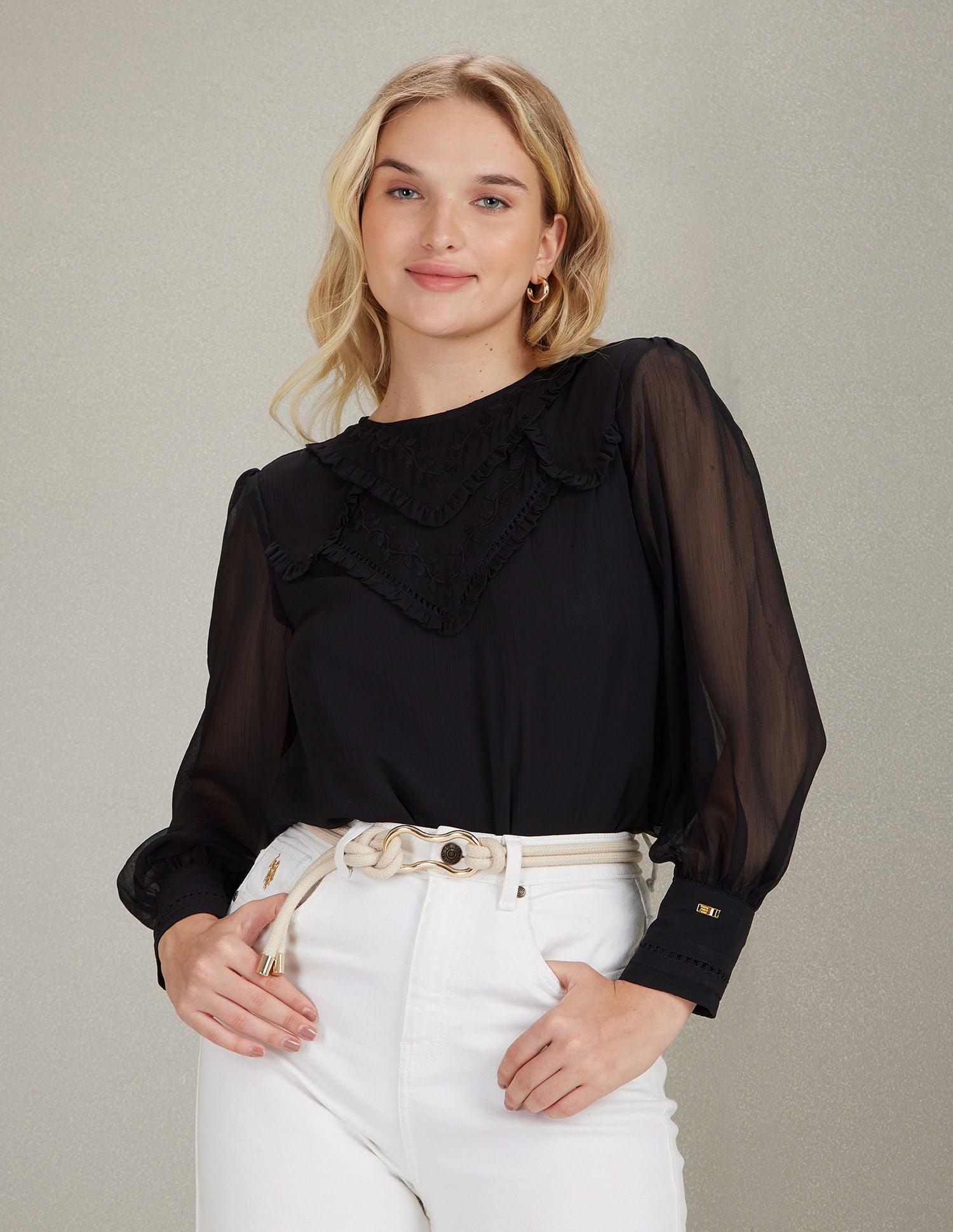 Ruffled Detail Long Sleeve Top Black - U.S. Polo Assn. India | Large