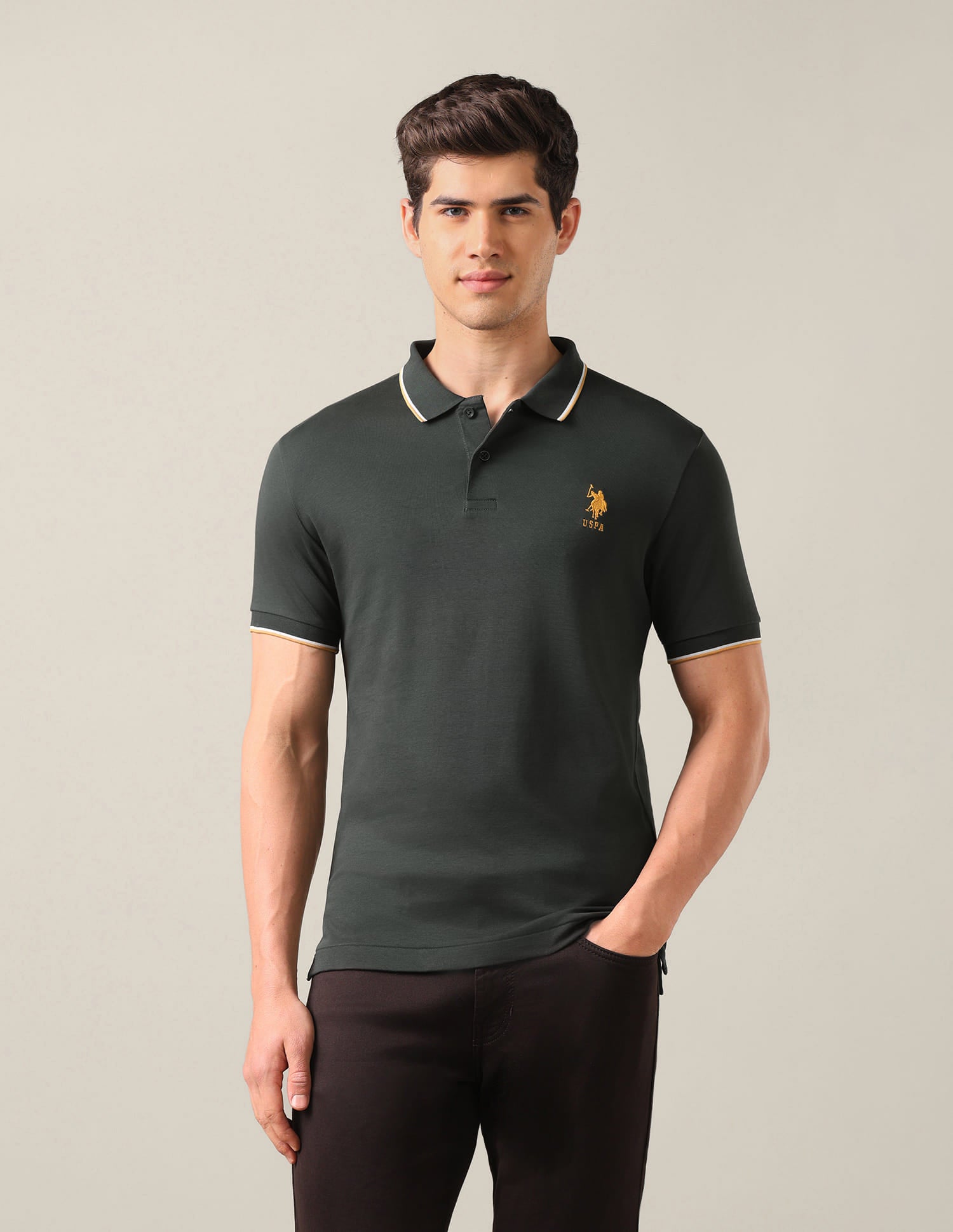 Solid Slim Fit Polo Shirt Green - U.S. Polo Assn. India | Large