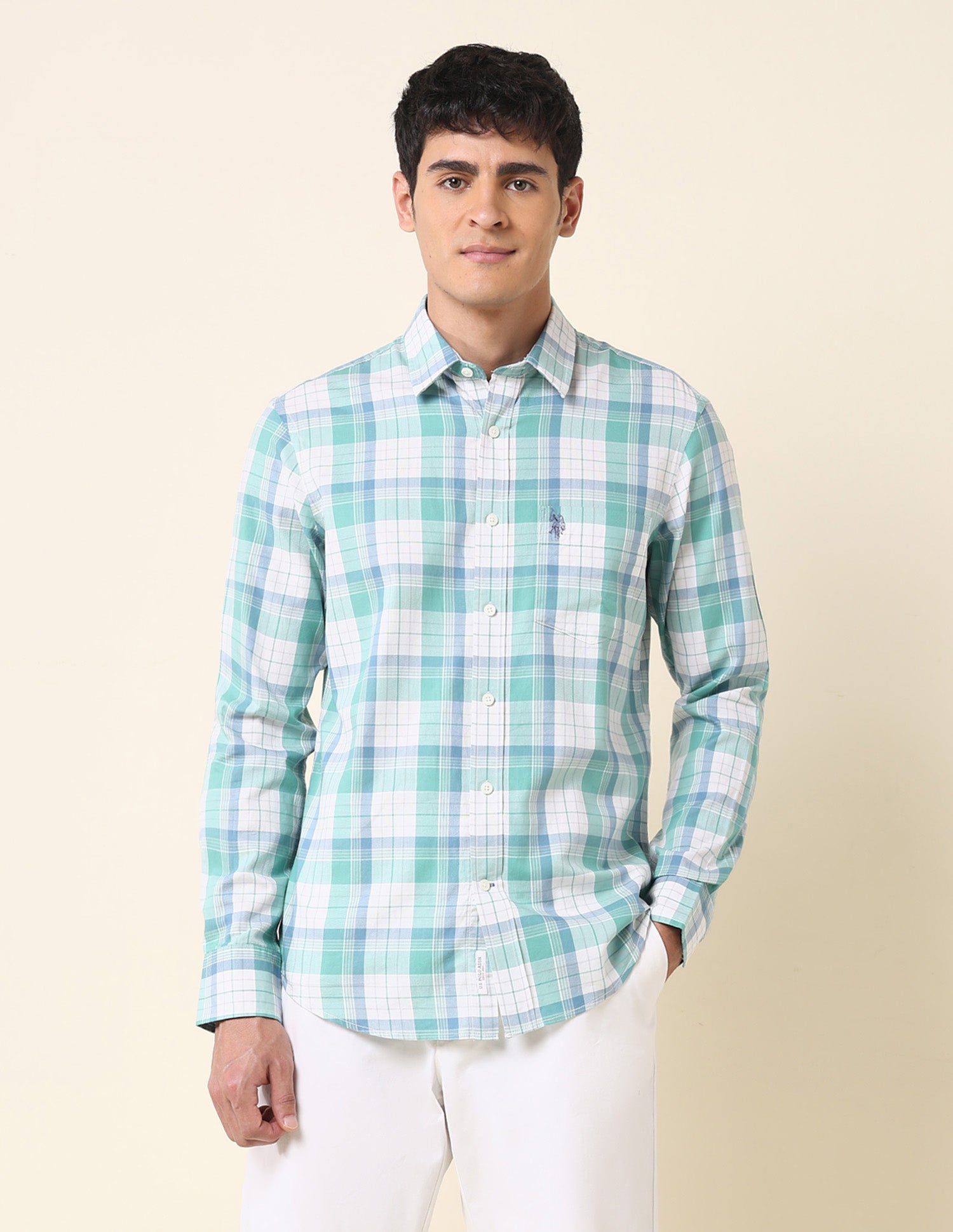 Tartan Checked Tailored Fit Shirt Light Green - U.S. Polo Assn. India | Large