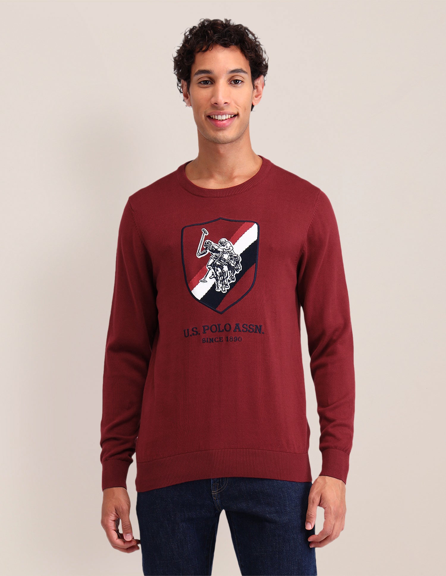 Brand Printed Regular Fit Sweater Dark Red - U.S. Polo Assn. India | Large