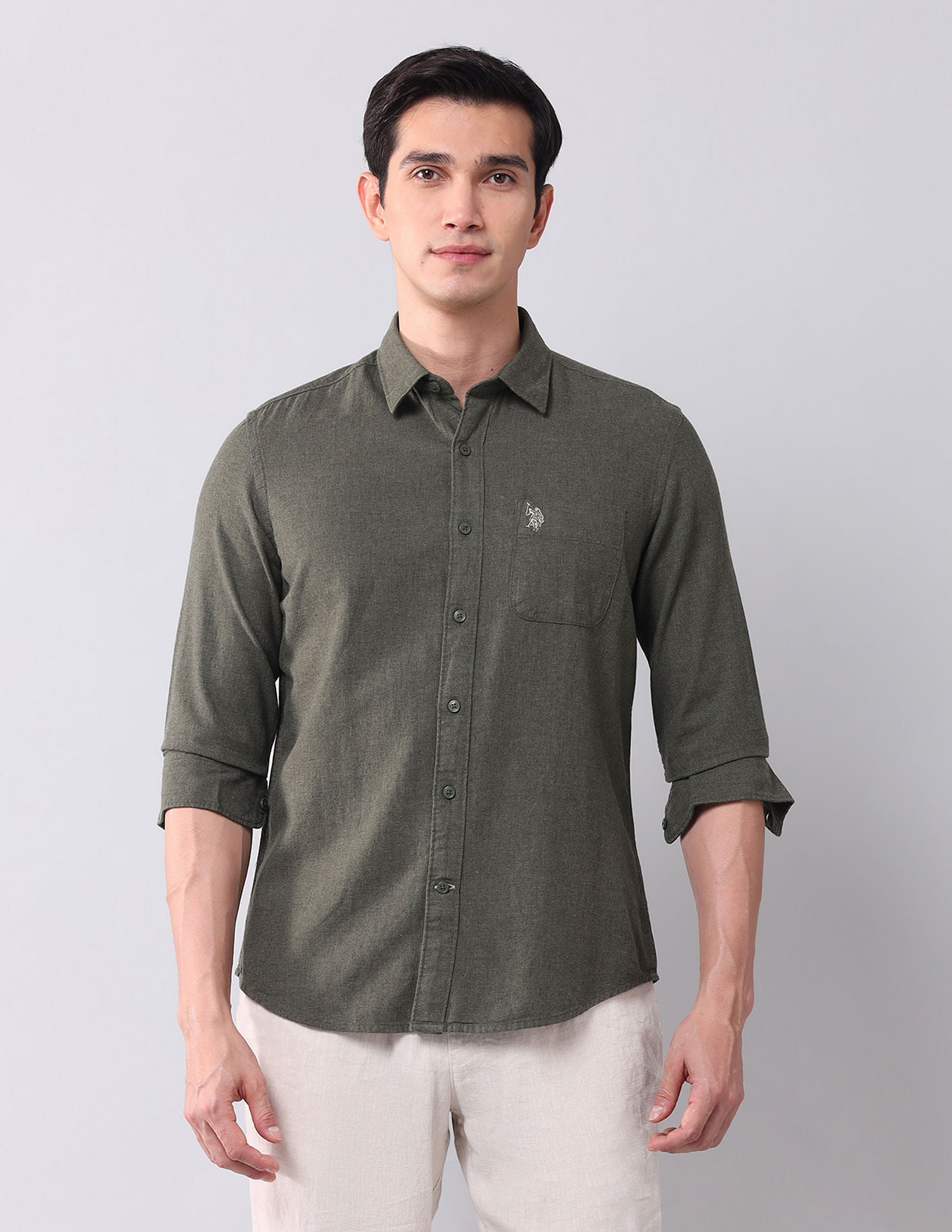 Regular Fit Twill Solid Shirt Olive - U.S. POLO ASSN. | Large