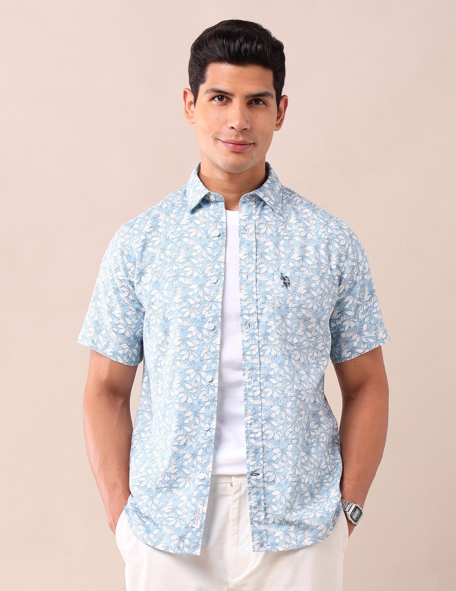 Tailored Fit Printed Shirt Light Blue - U.S. Polo Assn. India | Large