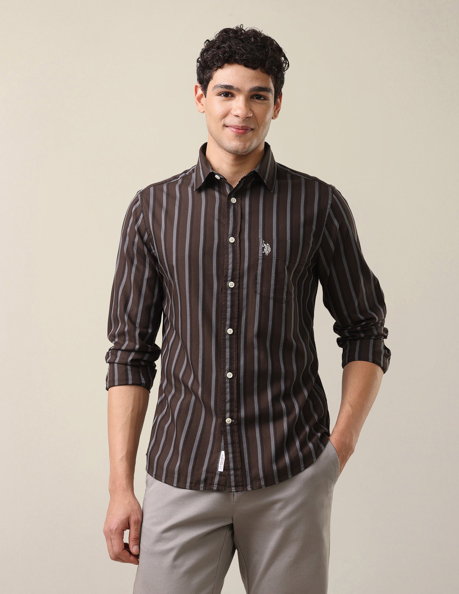 Vertical Striped Twill Shirt Dark Brown - U.S. Polo Assn. India | Large