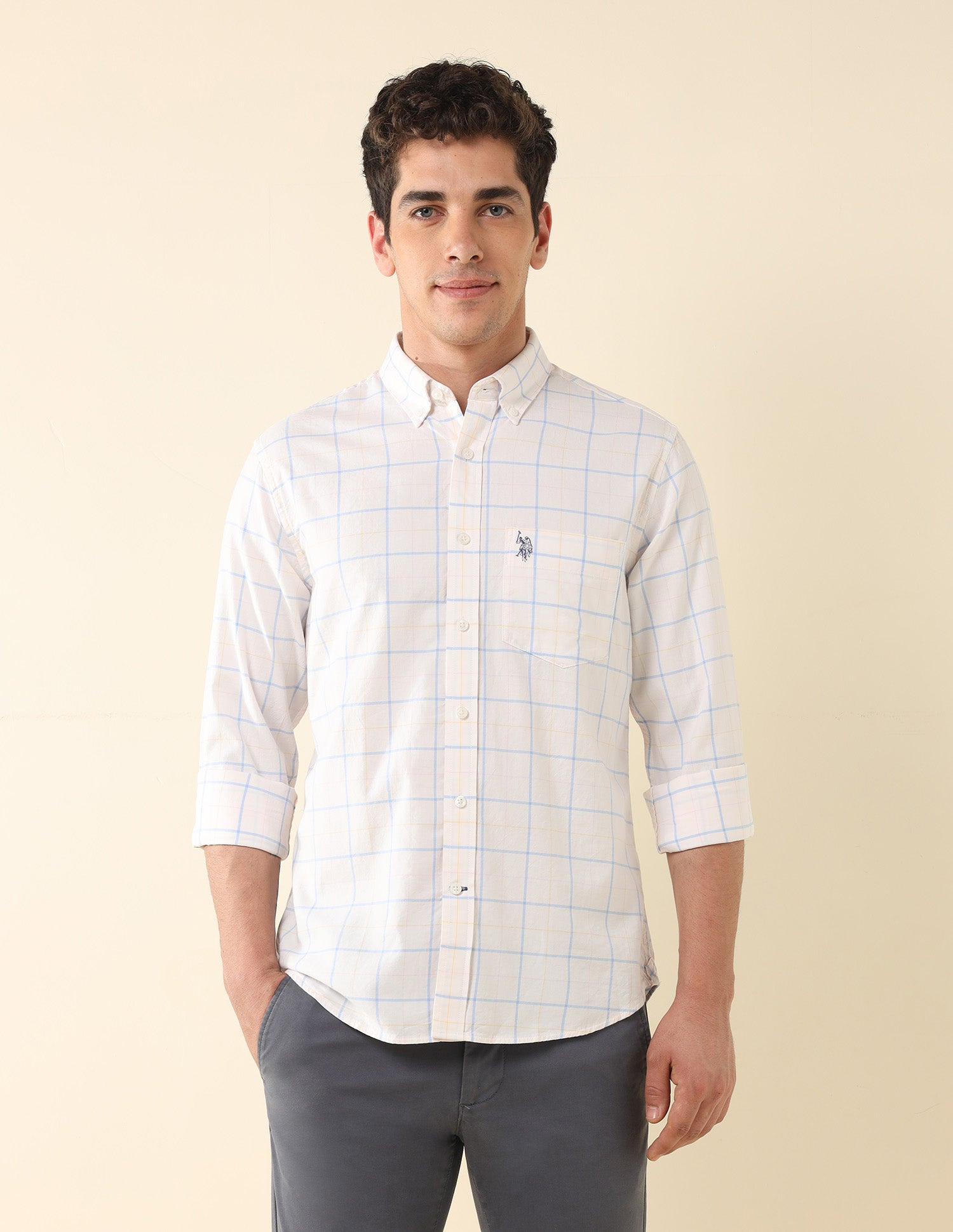 Windowpane Checked Twill Shirt Ecru - U.S. Polo Assn. India | Large