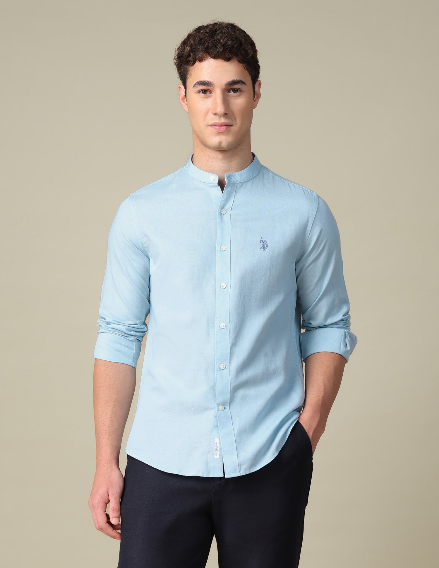 Tailored Fit Mandarin Shirt Light Blue - U.S. Polo Assn. India | Large