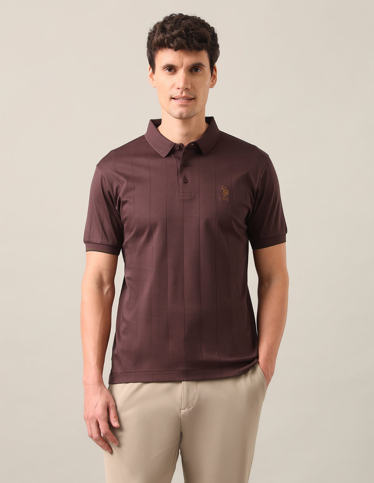 Self Design Vertical Striped Slim Fit Polo Shirt Brown - U.S. Polo Assn. India | Large