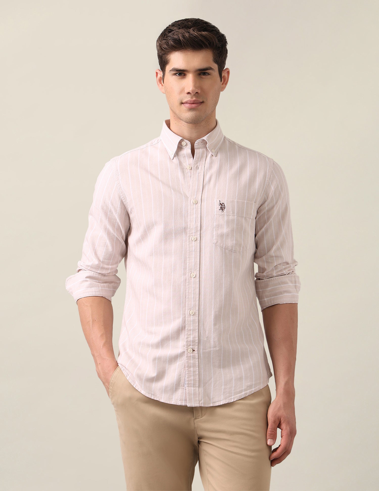 Vertical Striped Oxford Shirt Beige - U.S. Polo Assn. India | Large