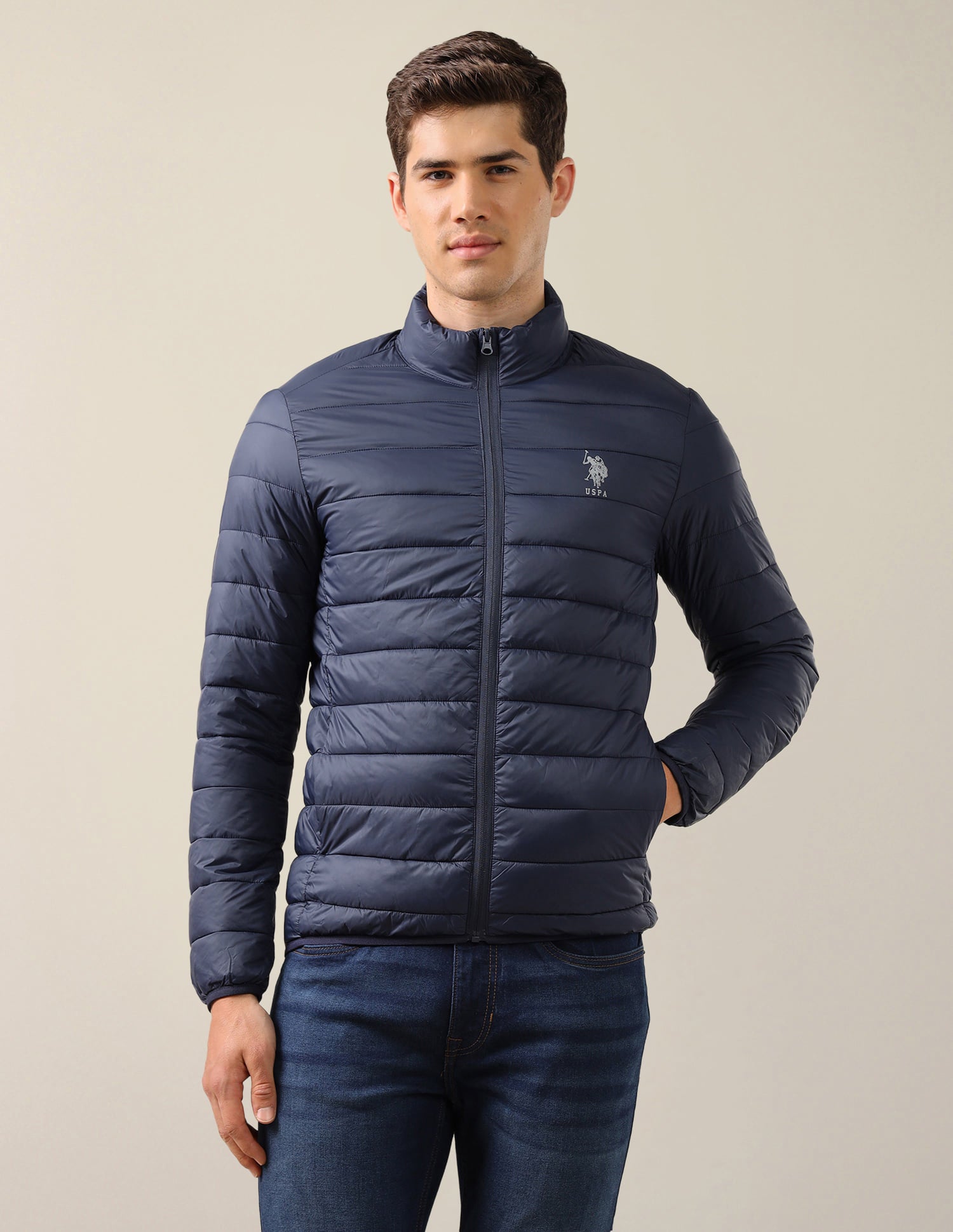 High Neck Nylon Solid Puffer Jacket Navy - U.S. Polo Assn. India | Large