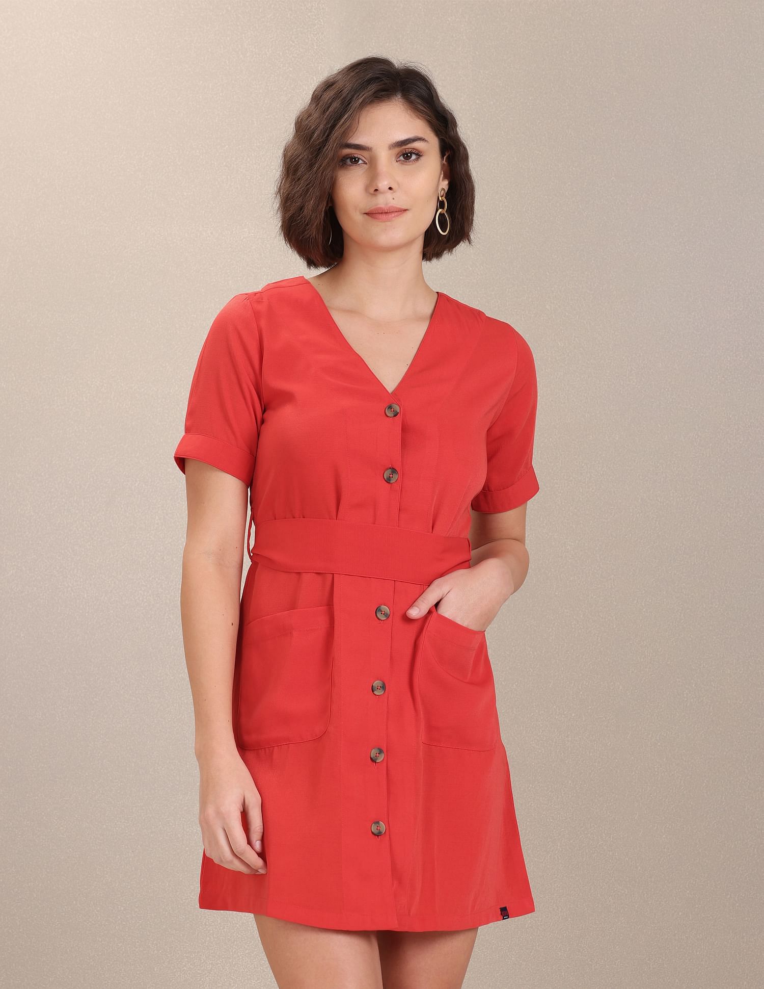 Solid Belted Shirt Dress Red - U.S. Polo Assn. India | Large