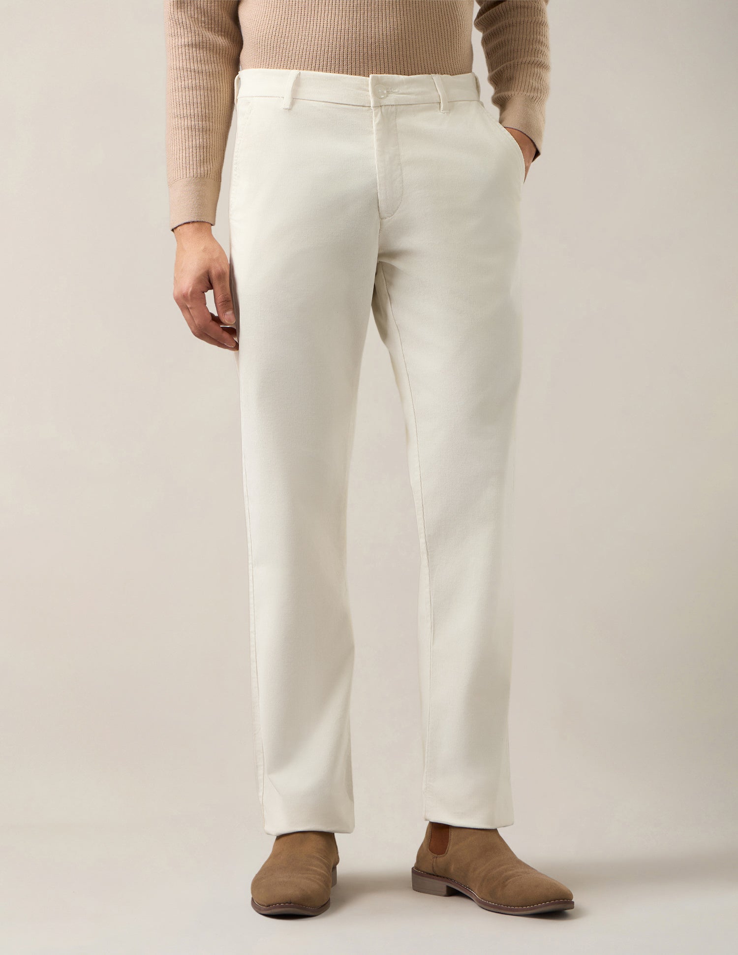 Riley Straight Fit Corduroy Trousers Ecru - U.S. Polo Assn. India | Large
