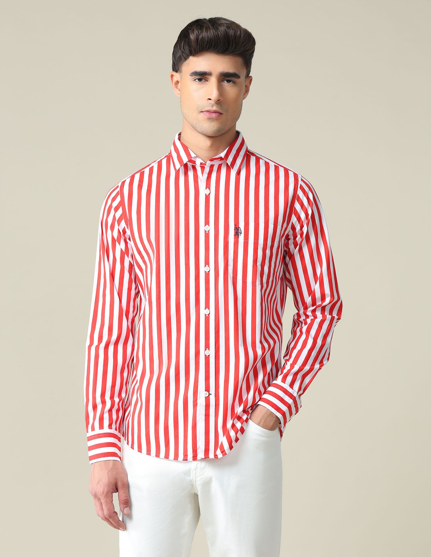 Chest Pocket Vertical Stripe Shirt Red - U.S. POLO ASSN. | Large