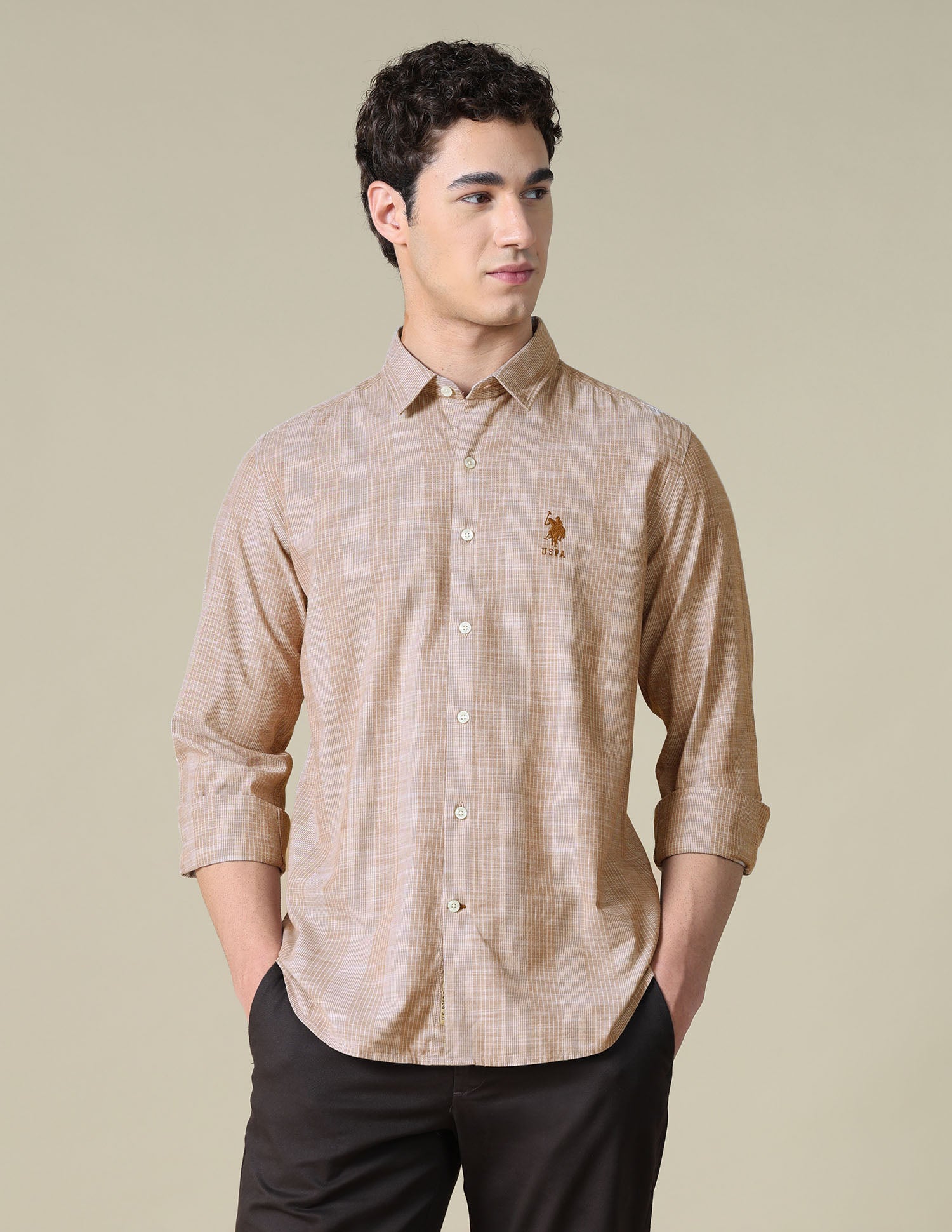 Vertical Striped Regular Fit Shirt Brown - U.S. Polo Assn. India | Large