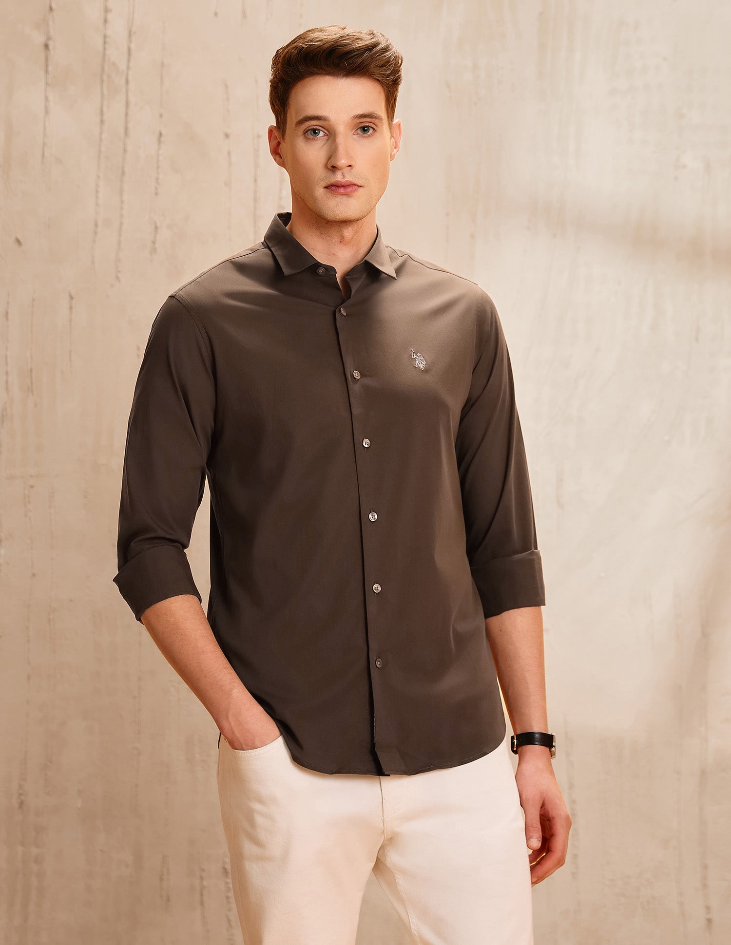 Poplin Tailored Fit Shirt Brown - U.S. Polo Assn. India | Large