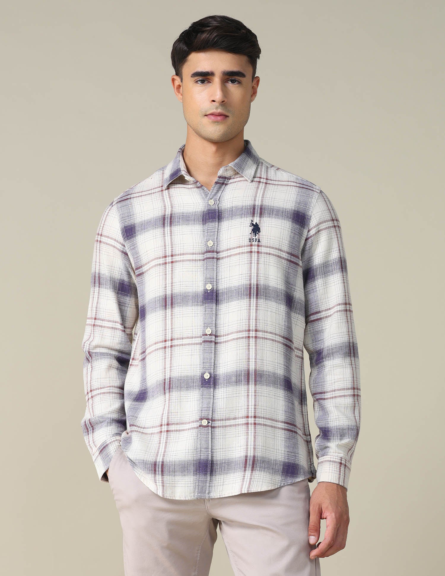 Twill Tartan Checked Shirt Ivory - U.S. POLO ASSN. | Large