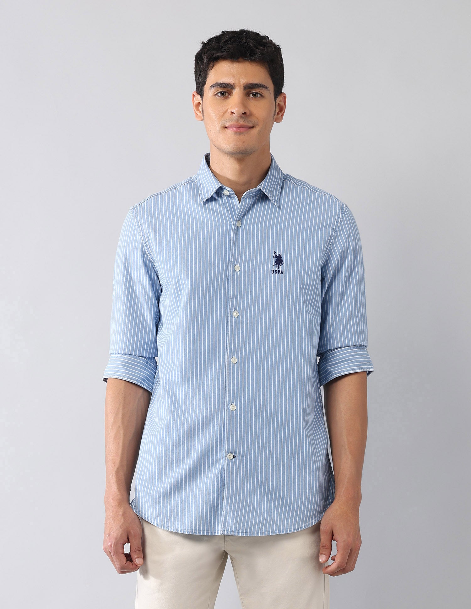 Vertical Striped Twill Pure Cotton Shirt Light Indigo - U.S. Polo Assn. India | Large
