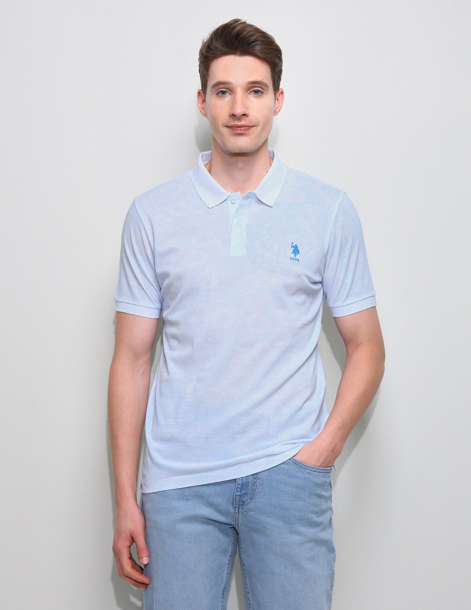 Floral Vertical Striped Slim Fit Polo Shirt Light Blue - U.S. Polo Assn. India | Large