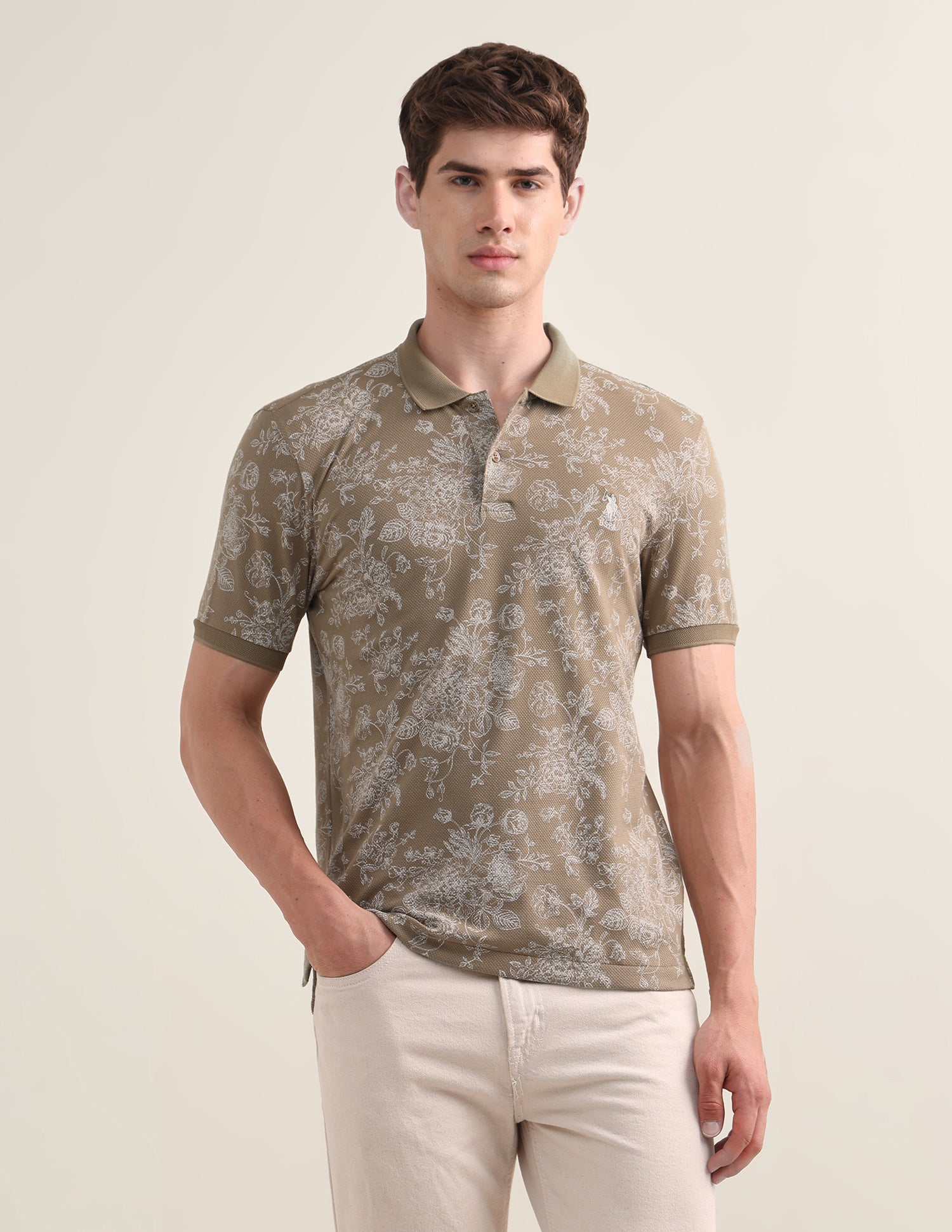 Floral Printed Slim Fit Polo Shirt Brown - U.S. Polo Assn. India | Large
