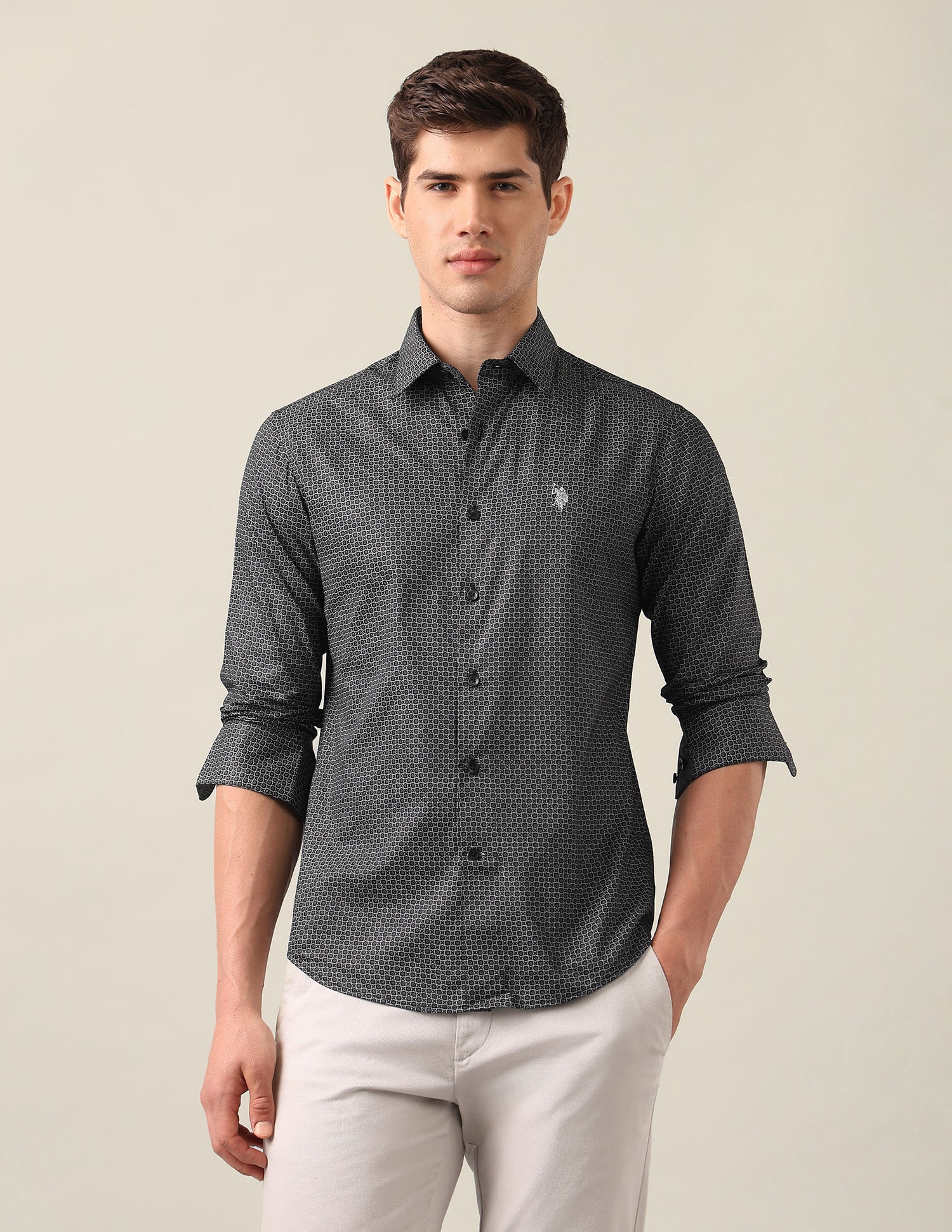 Geometric Printed Satin Shirt Black - U.S. Polo Assn. India | Large