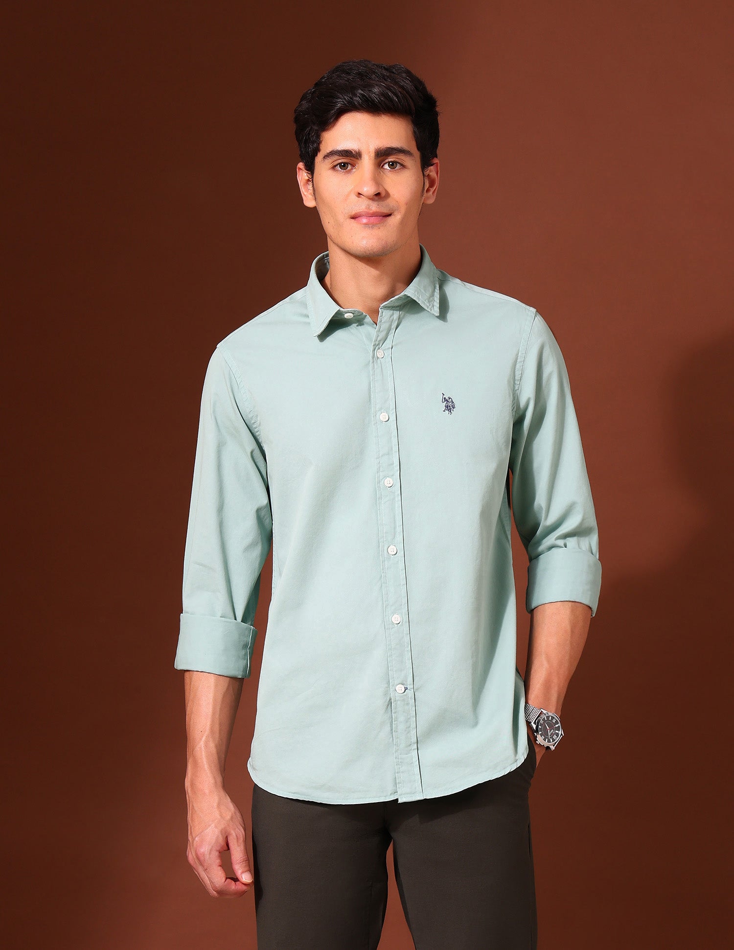 Pure Cotton Tailored Fit Twill Shirt Mint - U.S. Polo Assn. India | Large