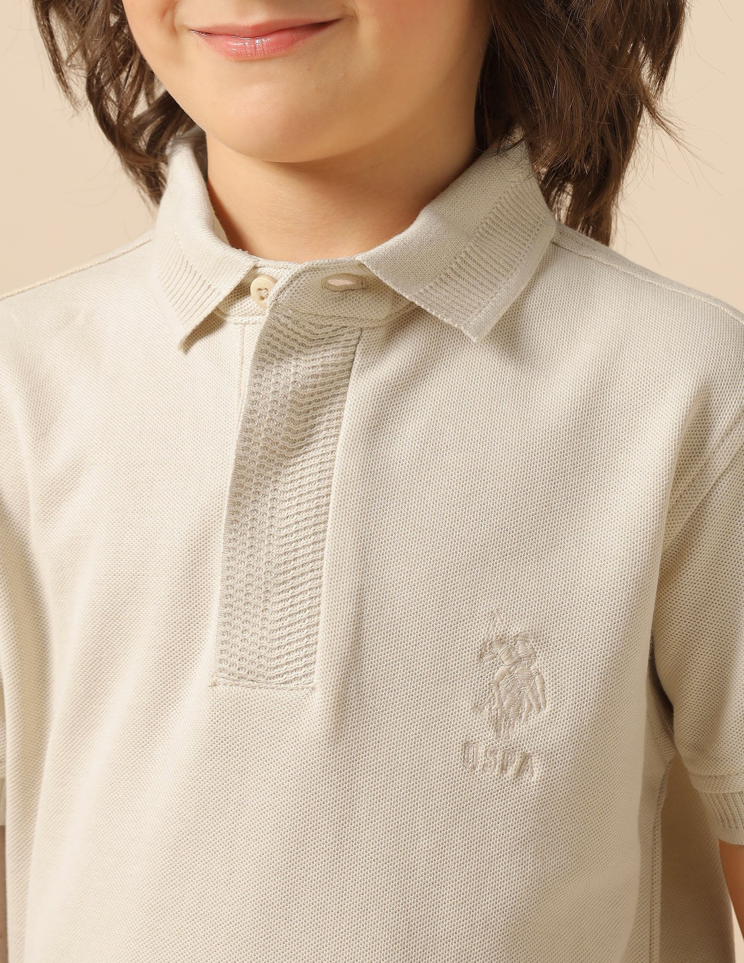 Boys Solid Pure Cotton Polo Shirt Beige - U.S. POLO ASSN. | Large