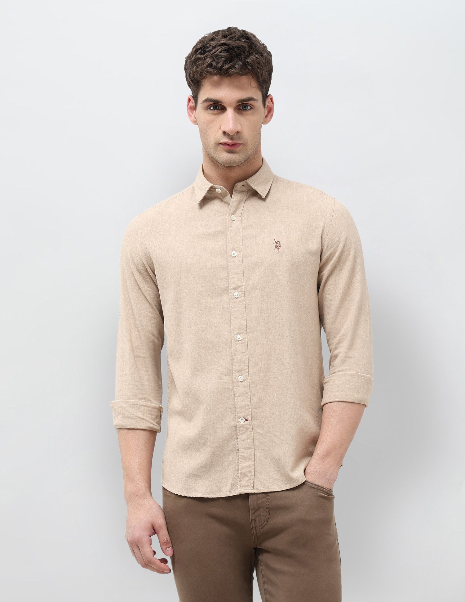 Twill Solid Regular Fit Shirt Beige - U.S. POLO ASSN. | Large