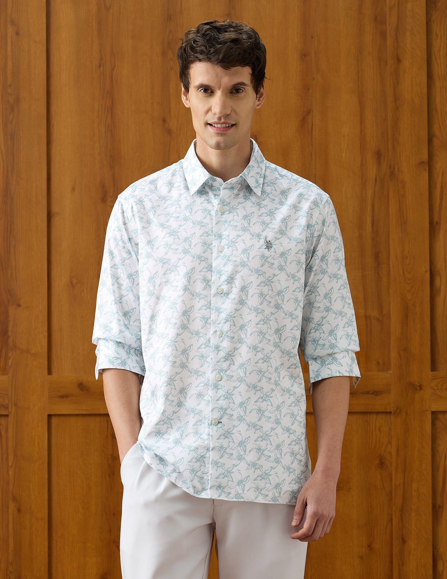 Floral Printed Regular Fit Shirt Medium Green - U.S. Polo Assn. India | Large