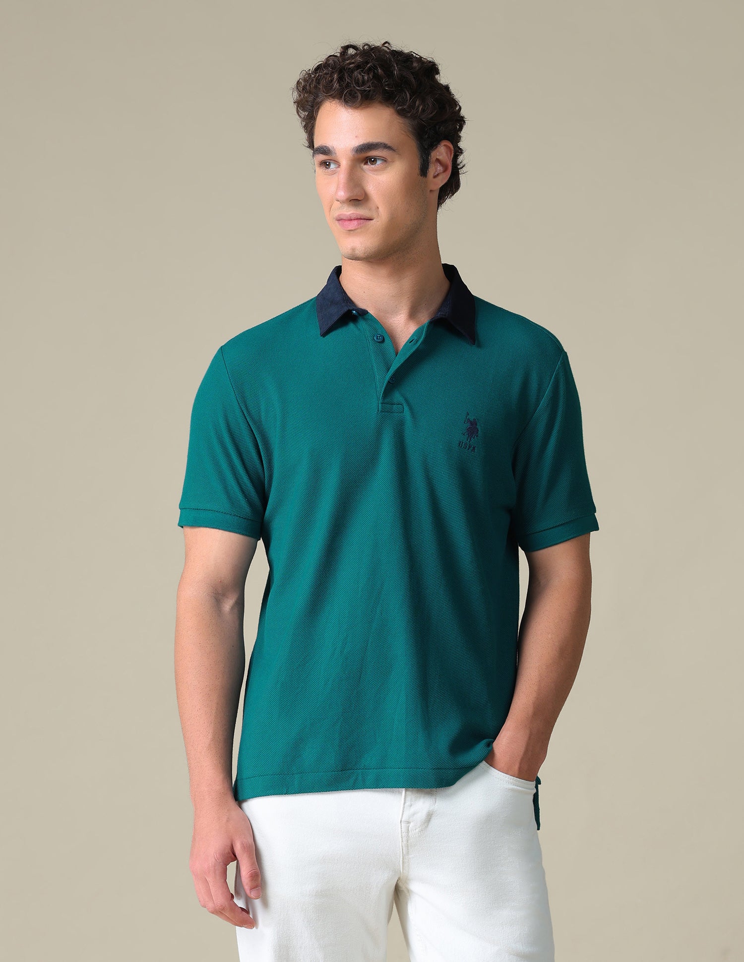Regular Fit Solid Polo Shirt Teal - U.S. Polo Assn. India | Large