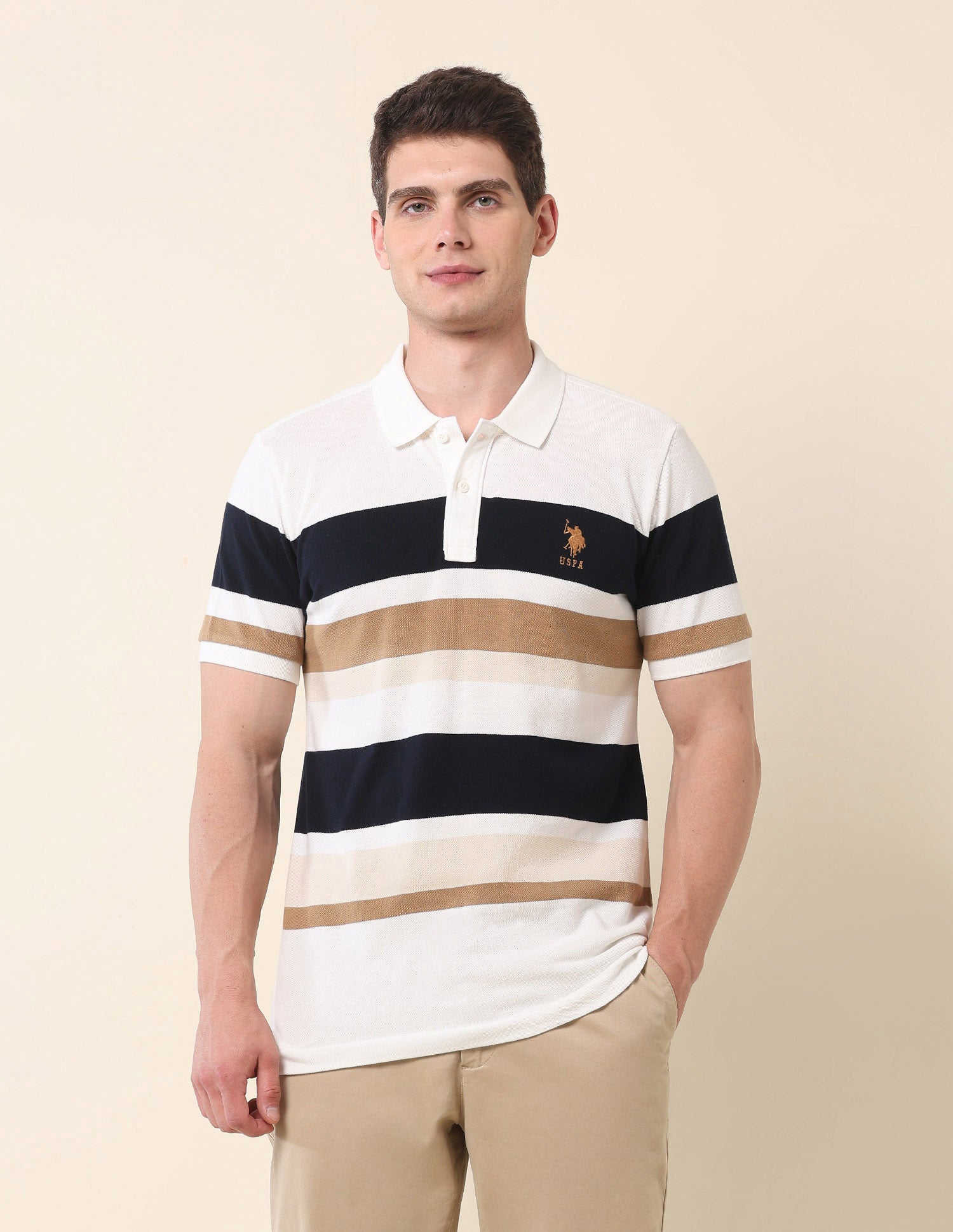 Horizontal Striped Gold Cup Polo Shirt Off White - U.S. POLO ASSN. | Large