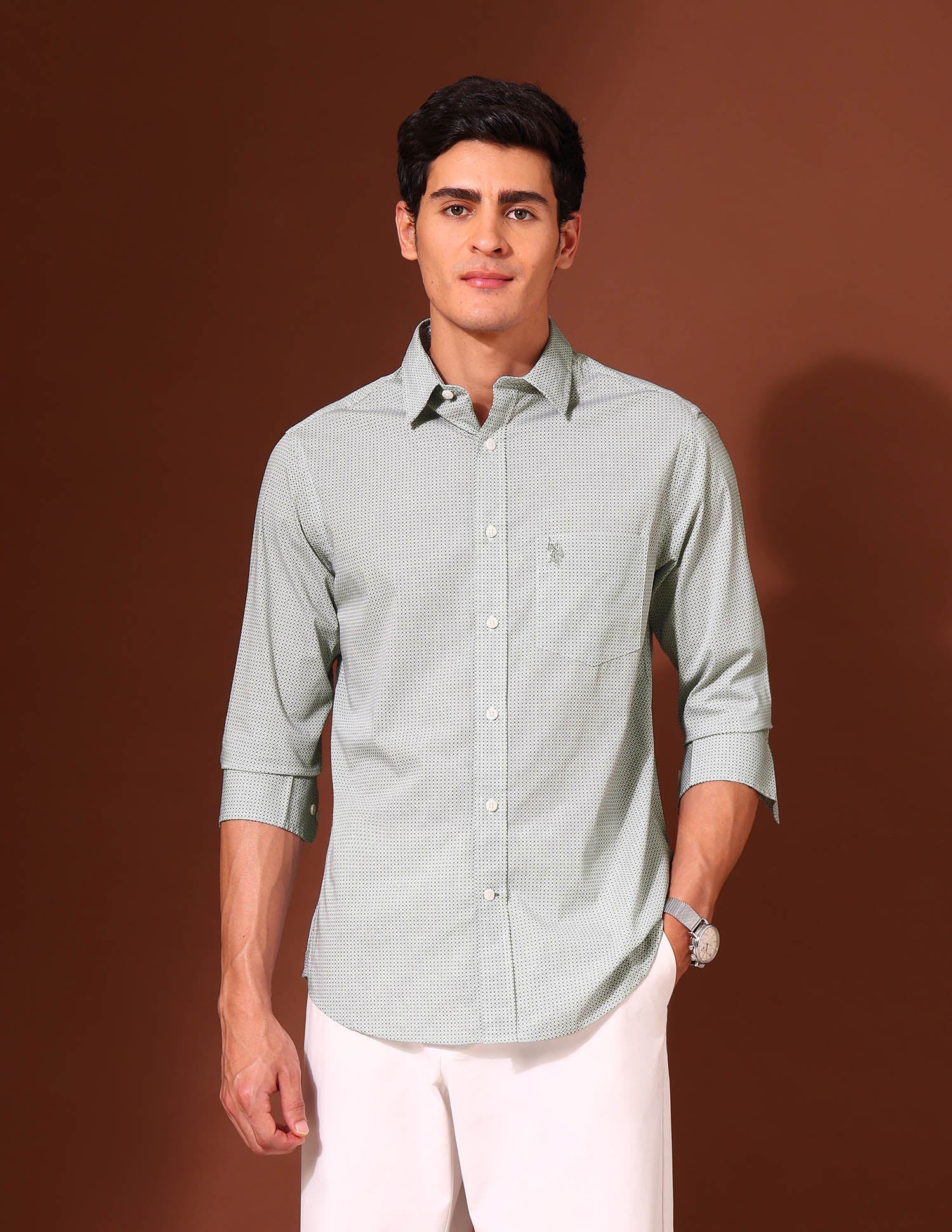 Geometric Printed Tailored Fit Shirt Green - U.S. Polo Assn. India | Large