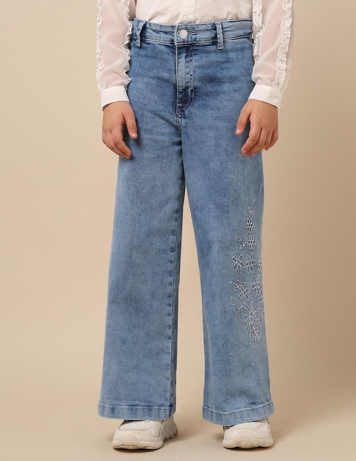 Girls Stone Washed Wide Leg Fit Jeans Blue - U.S. POLO ASSN. | Large