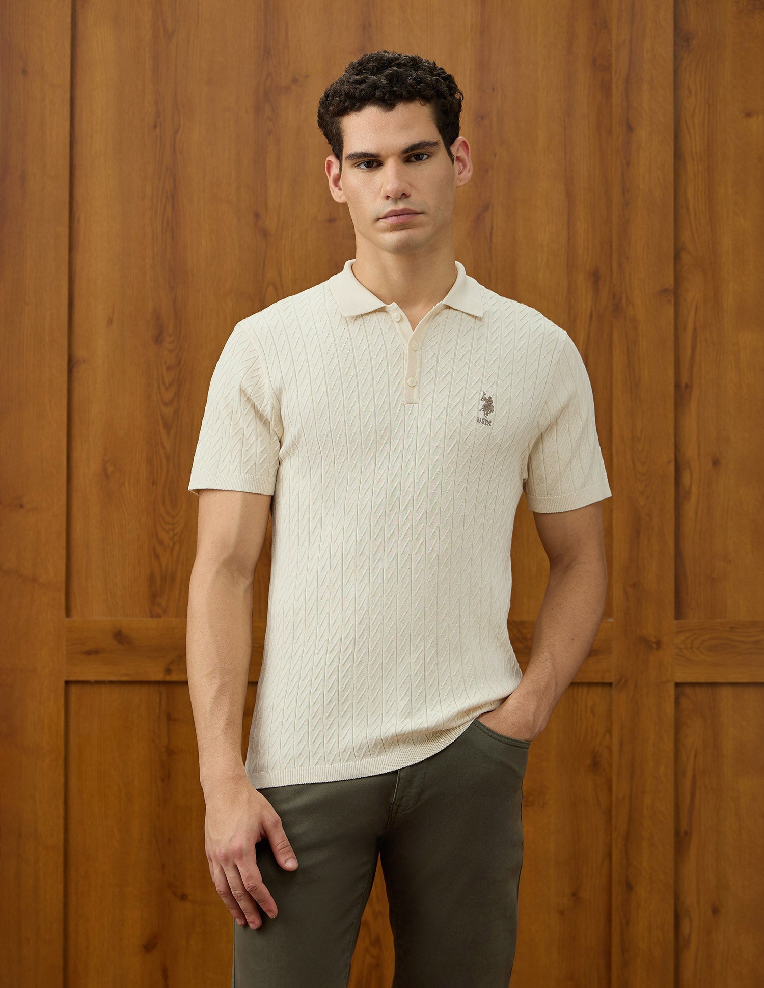 Patterned Knit Equestrian Aisle Theater Polo Shirt Beige - U.S. POLO ASSN. | Large