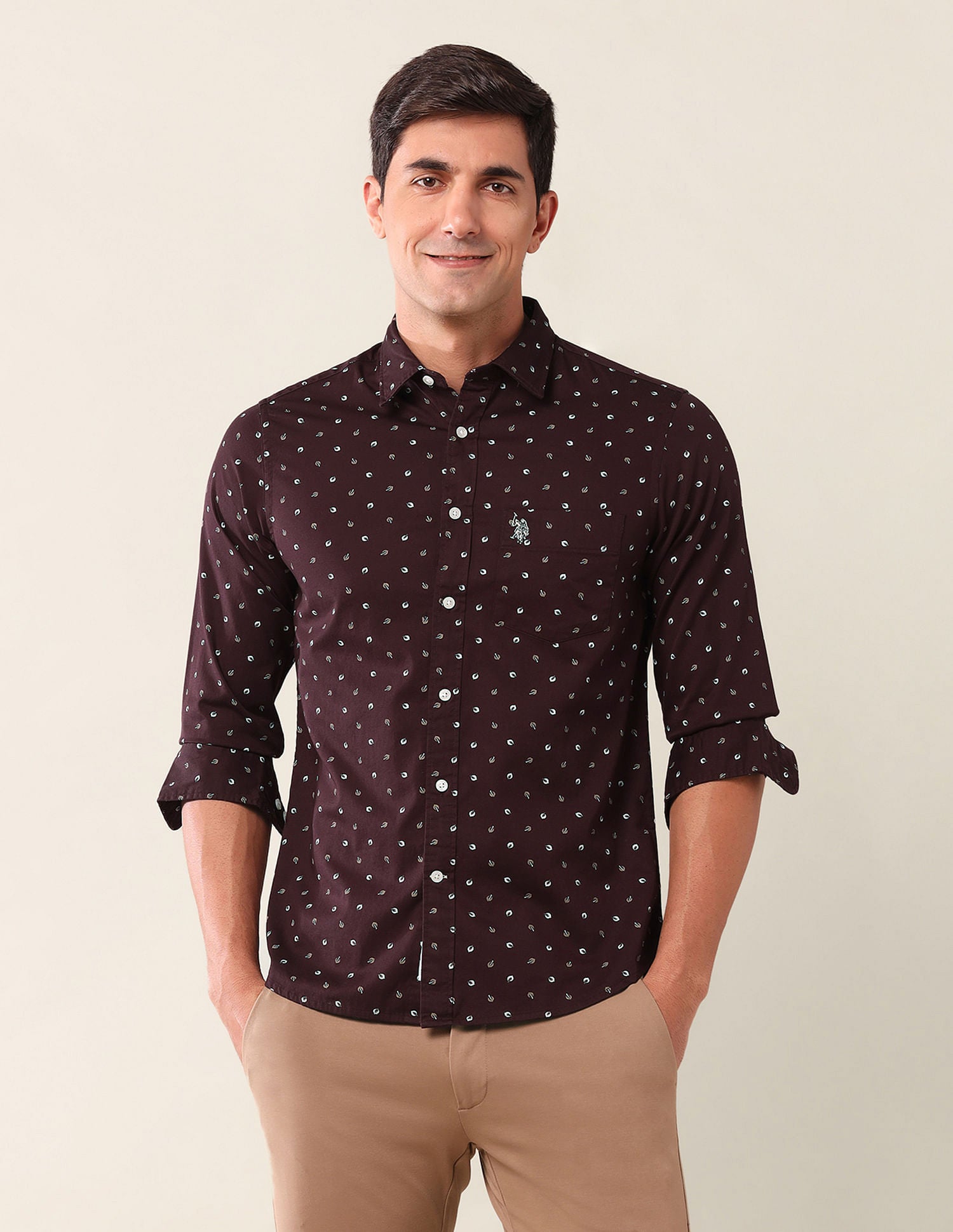 Tailored Fit Printed Shirt Burgundy - U.S. Polo Assn. India | Large
