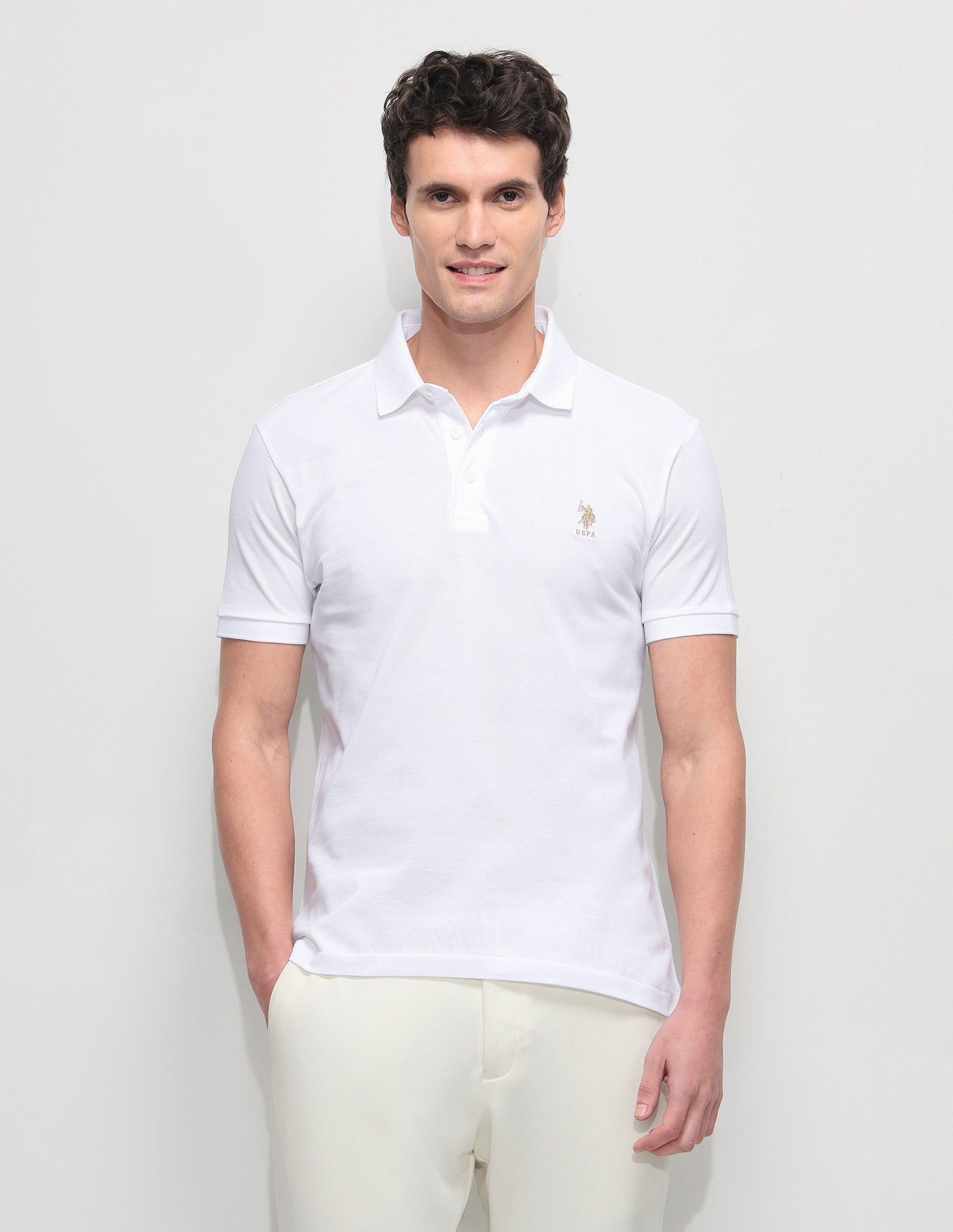 Solid Slim Fit Polo Shirt Off White - U.S. Polo Assn. India | Large