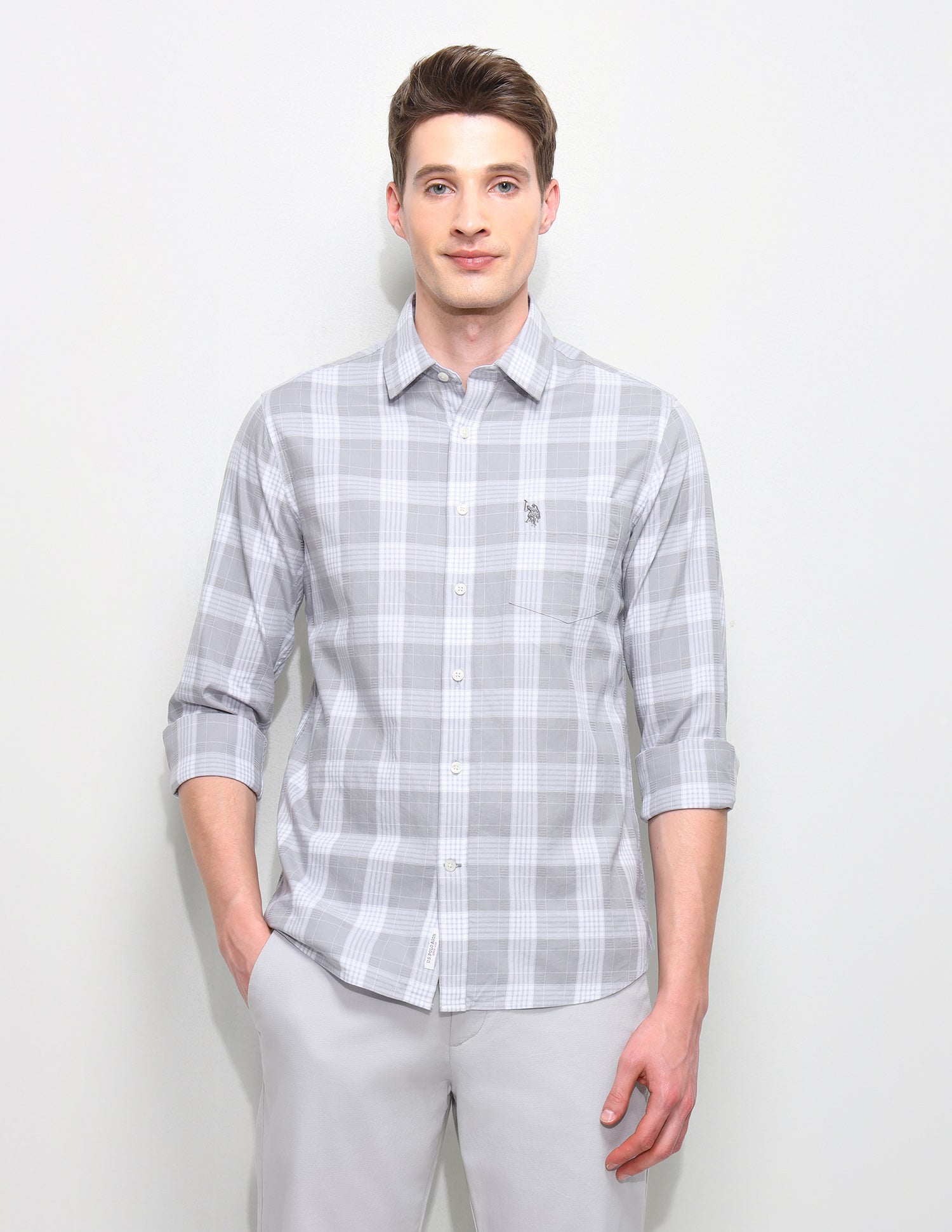 Twill Regular Fit Grid Tattersall Checked Shirt Light Grey - U.S. Polo Assn. India | Large