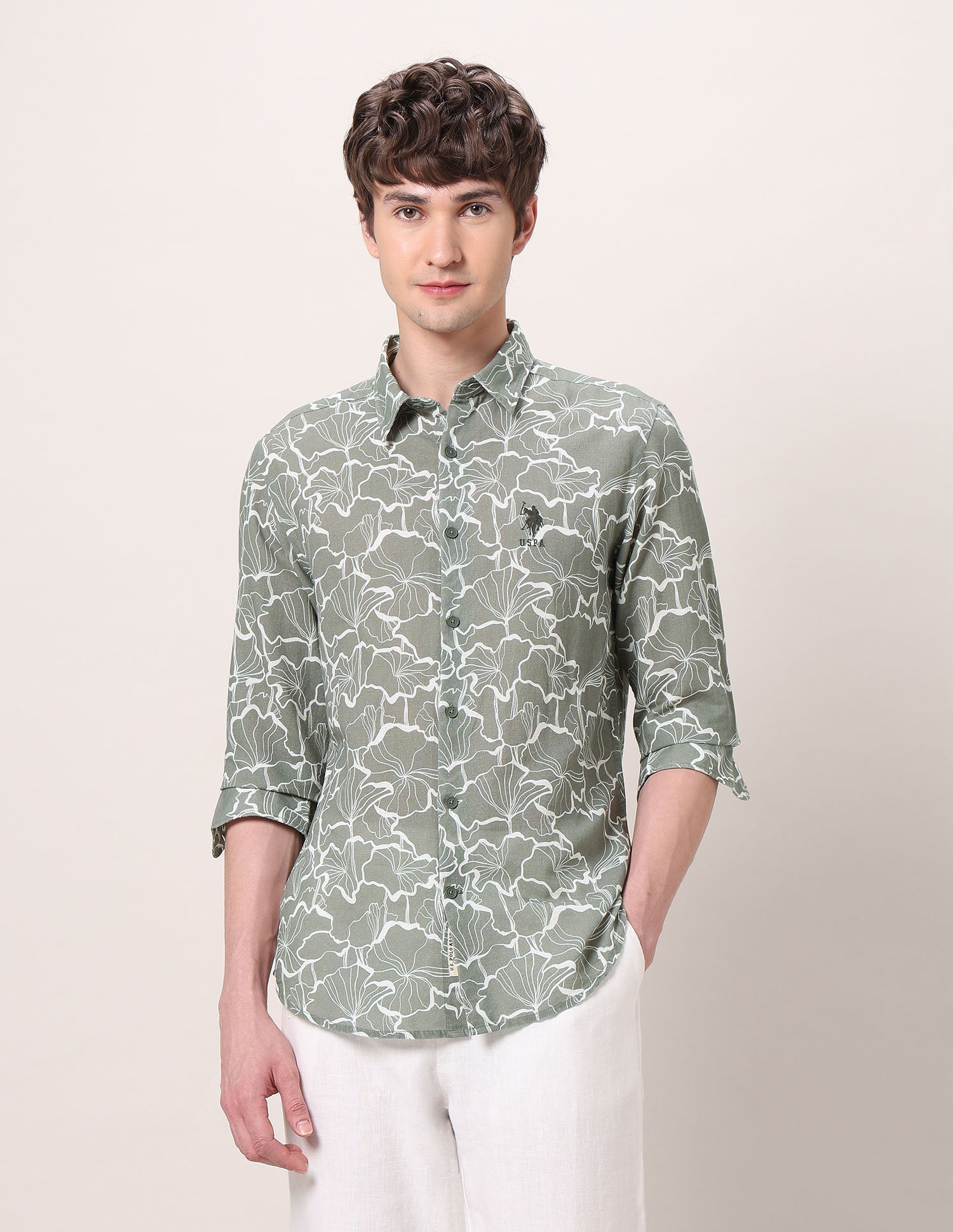 Floral Printed Regular Fit Shirt Light Olive - U.S. Polo Assn. India | Large