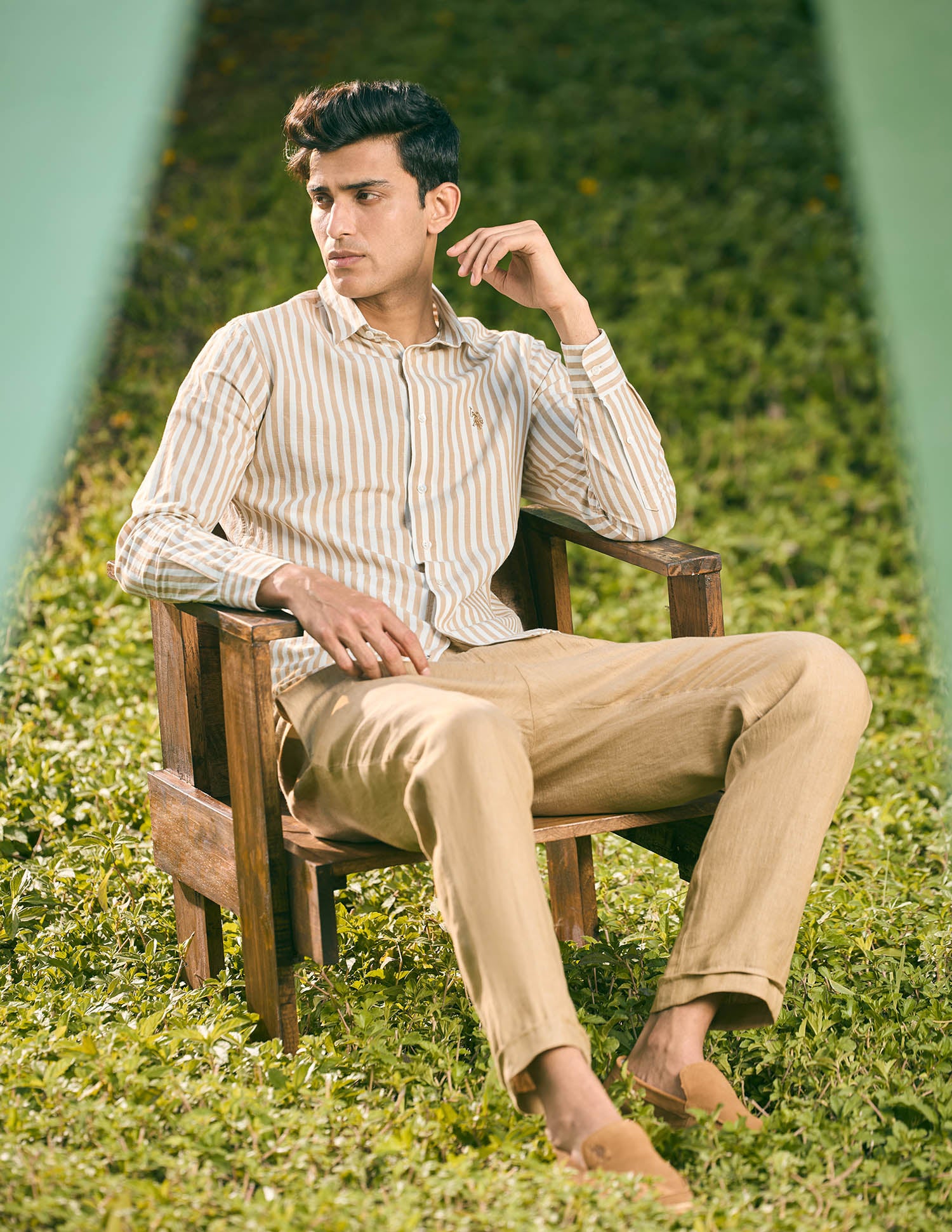 Pacho X Vertical Stripe Cotton Linen Shirt Beige - U.S. POLO ASSN. | Large