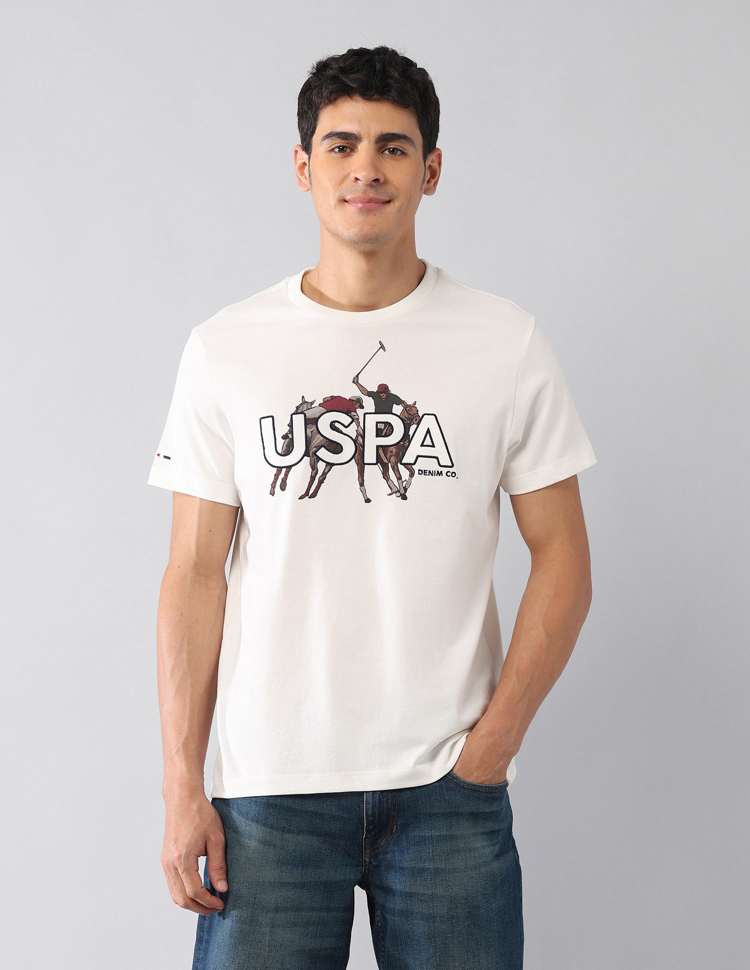 Brand Embroidered Muscle Fit Colligiate T-Shirt Ivory - U.S. Polo Assn. India | Large