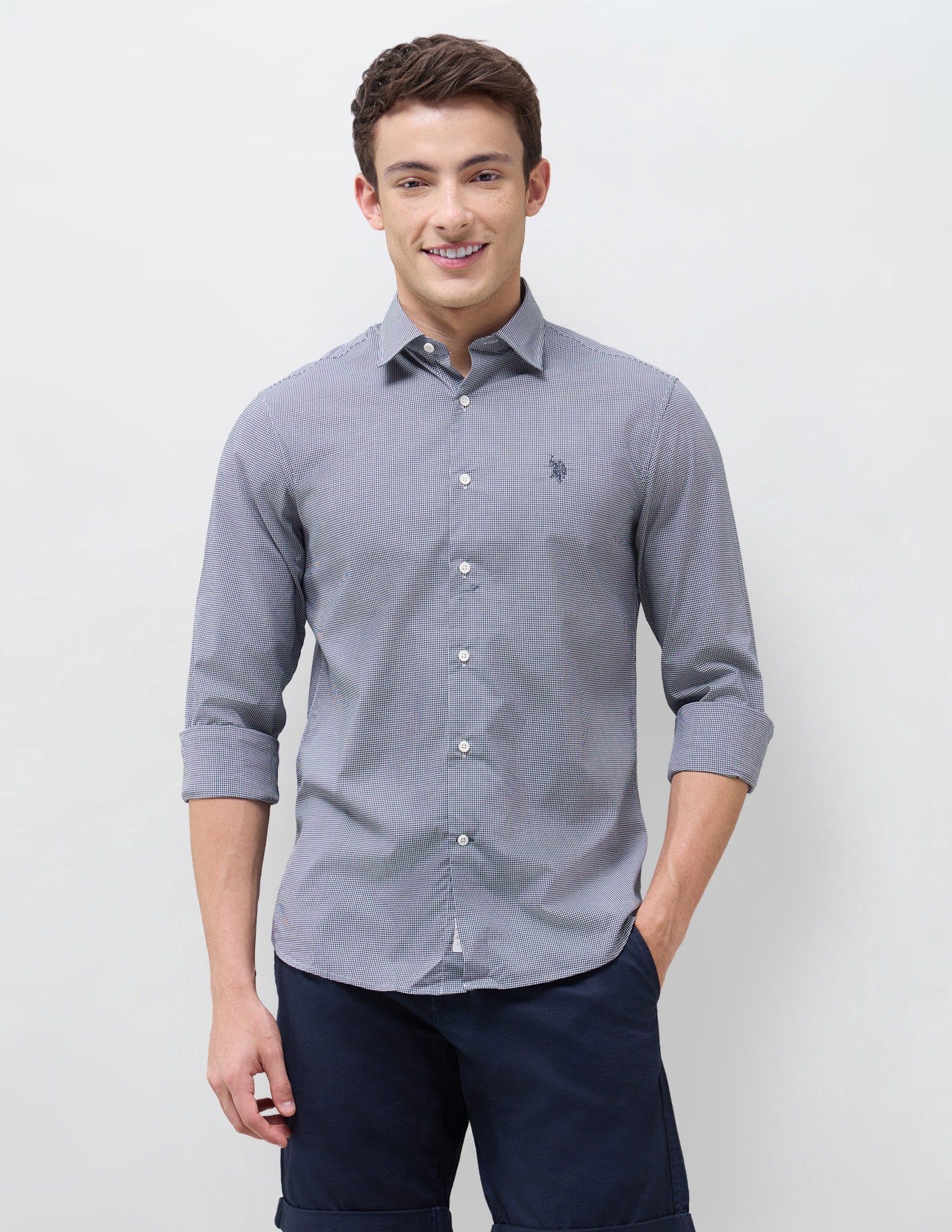 Poplin Micro Checked Shirt Navy - U.S. Polo Assn. India | Large
