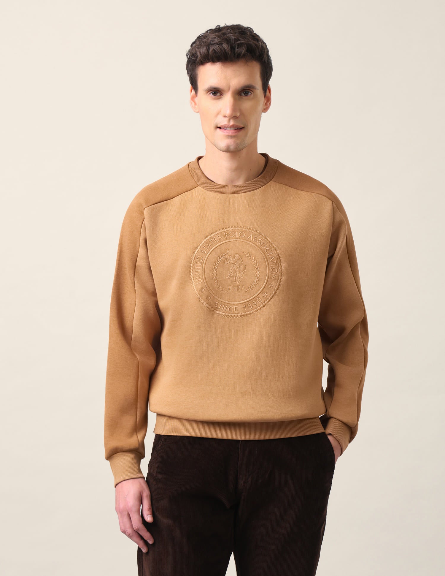 Crew Neck Embroidered Sweatshirt Brown - U.S. Polo Assn. India | Large
