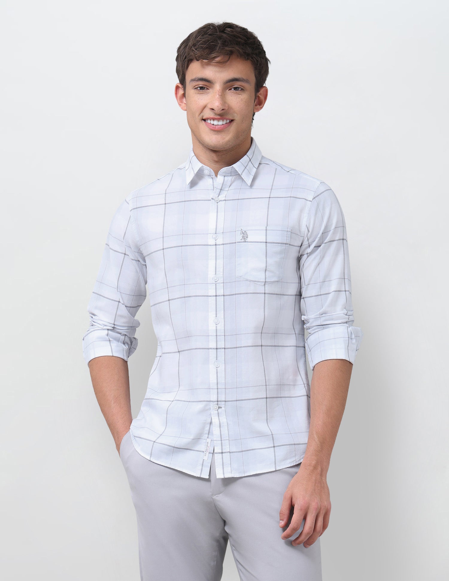 Windowpane Checked Regular Fit Shirt Light Grey - U.S. Polo Assn. India | Large