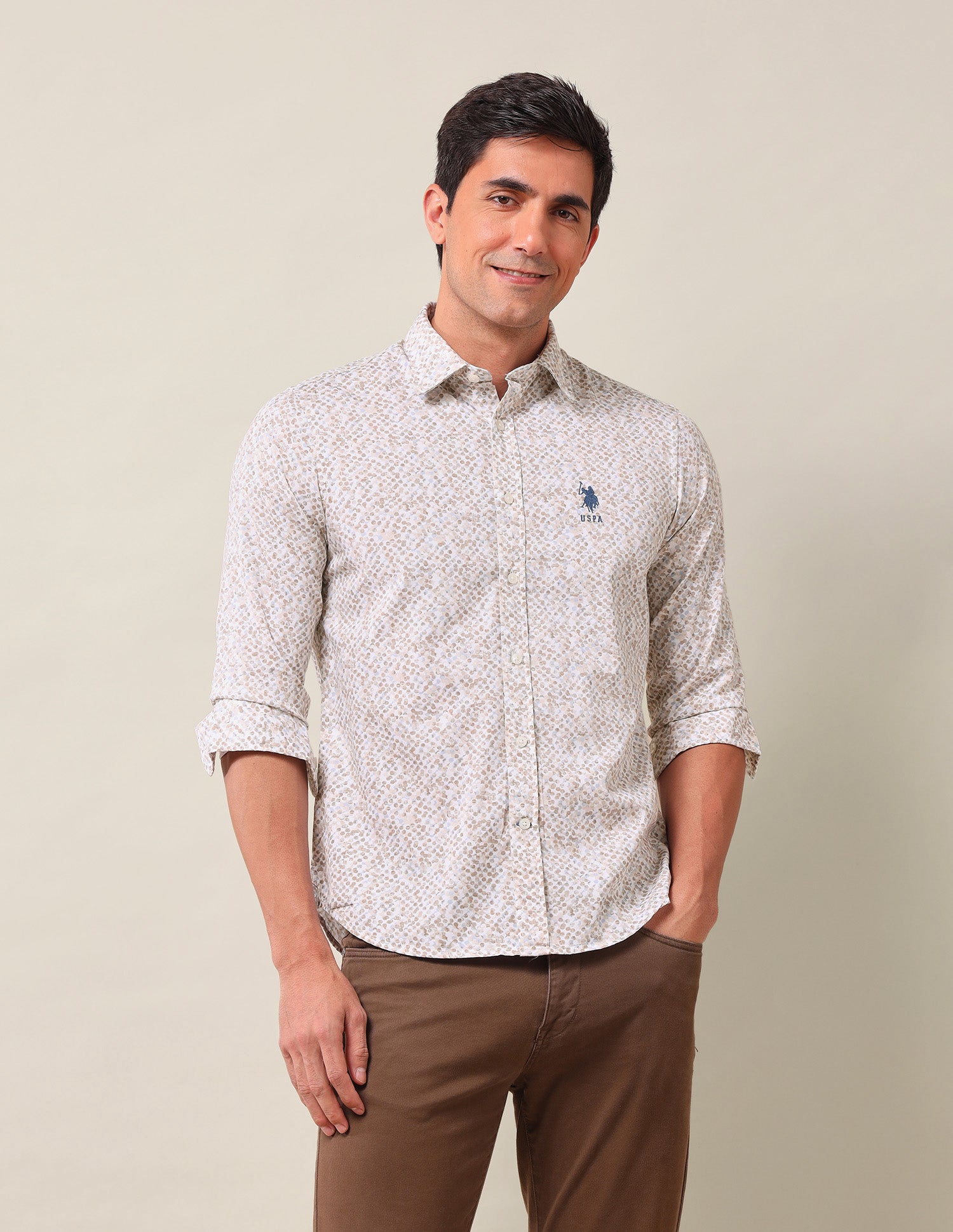 Tailored Fit Geometric Printed Shirt Beige - U.S. Polo Assn. India | Large