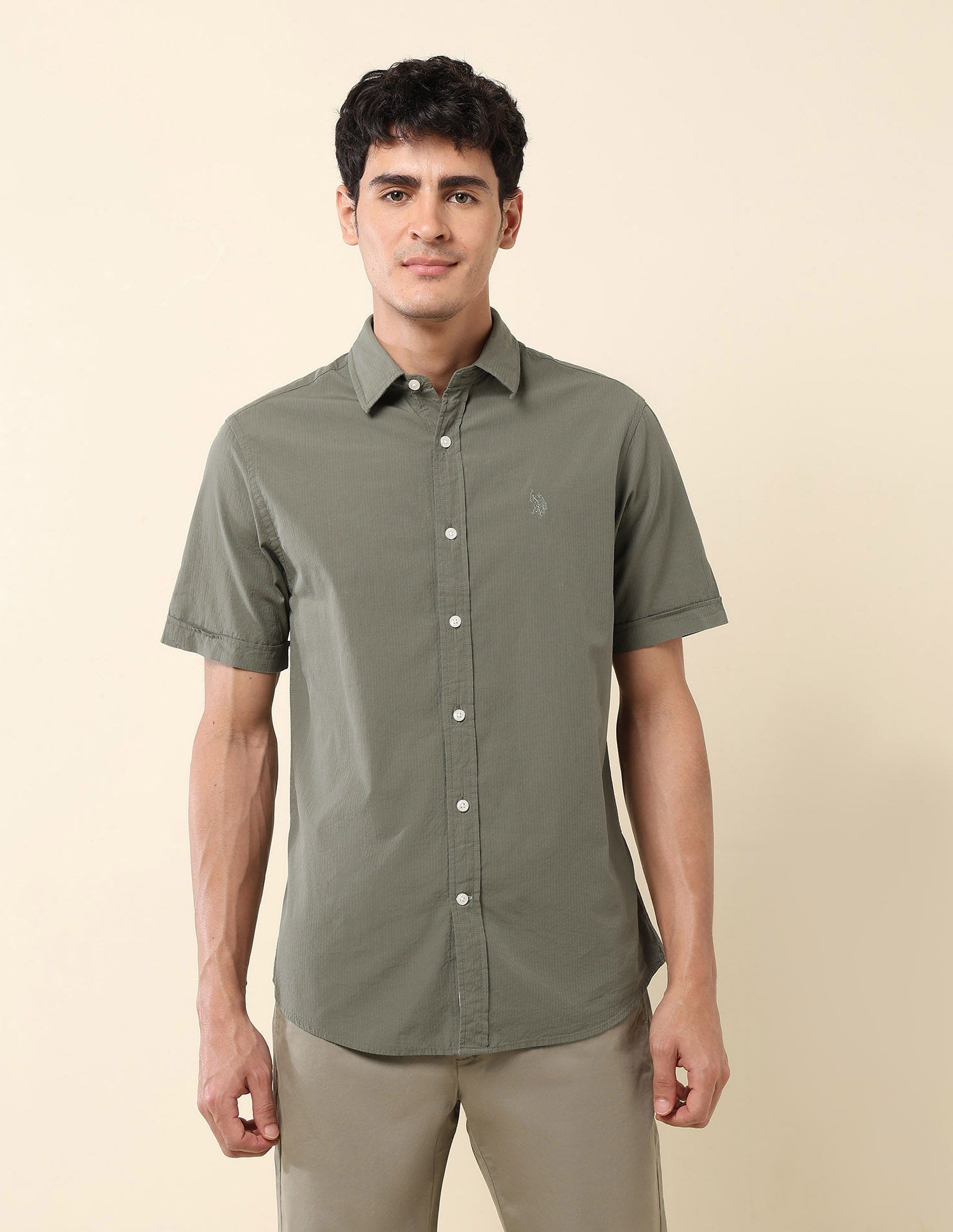 Textured Pure Cotton Shirt Olive - U.S. Polo Assn. India | Large