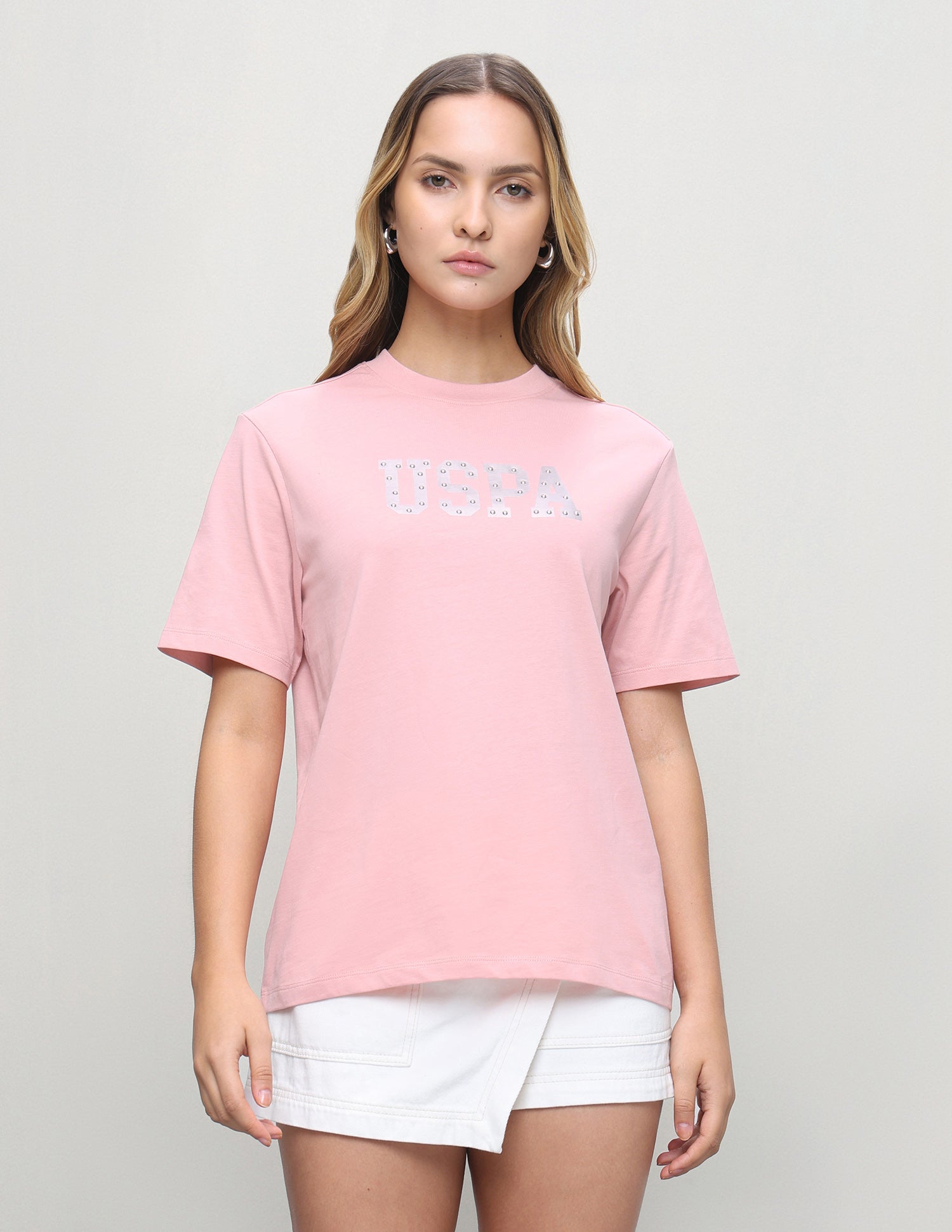 Brand Embellished Boxy Fit T-Shirt Light Pink - U.S. Polo Assn. India | Large