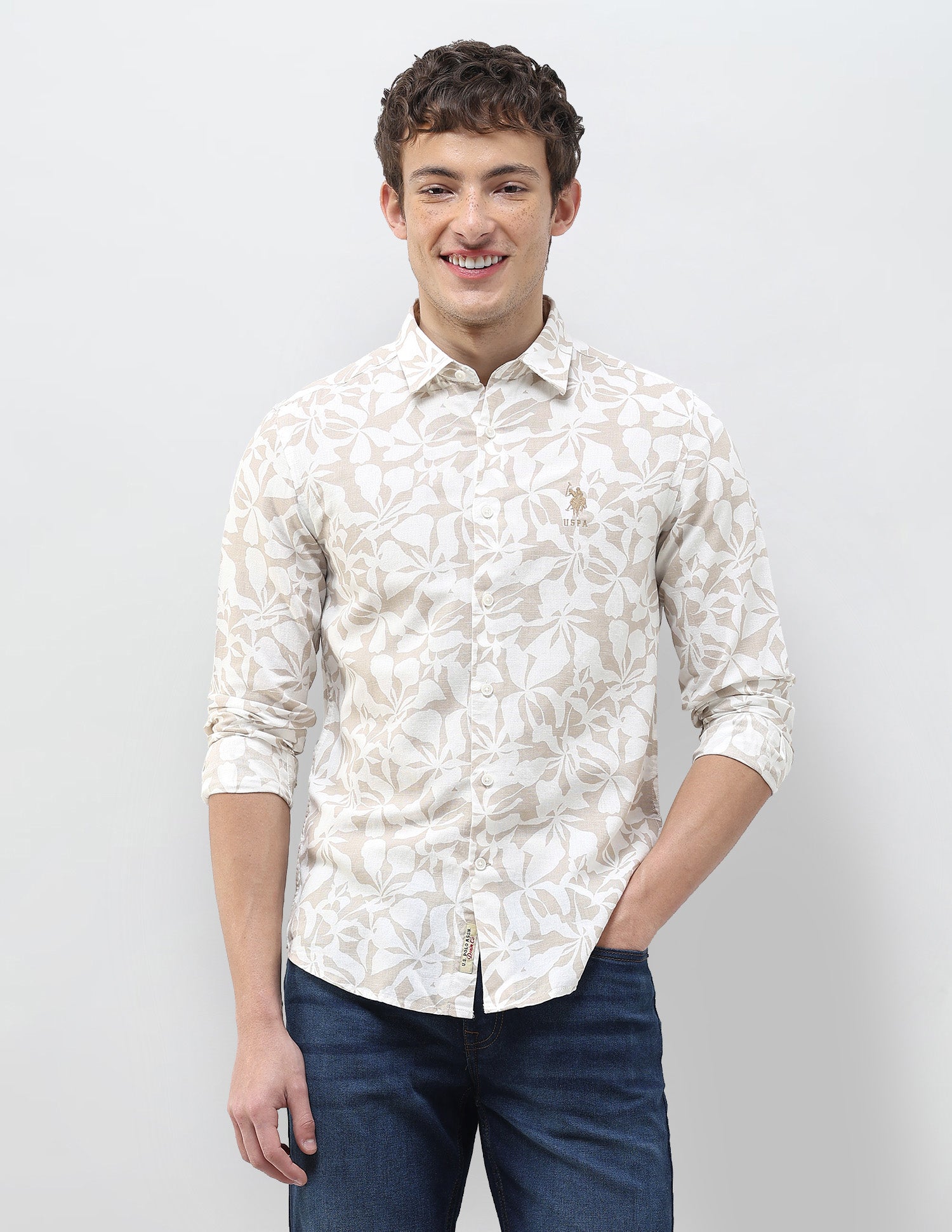 Floral Printed Regular Fit Shirt Beige - U.S. Polo Assn. India | Large