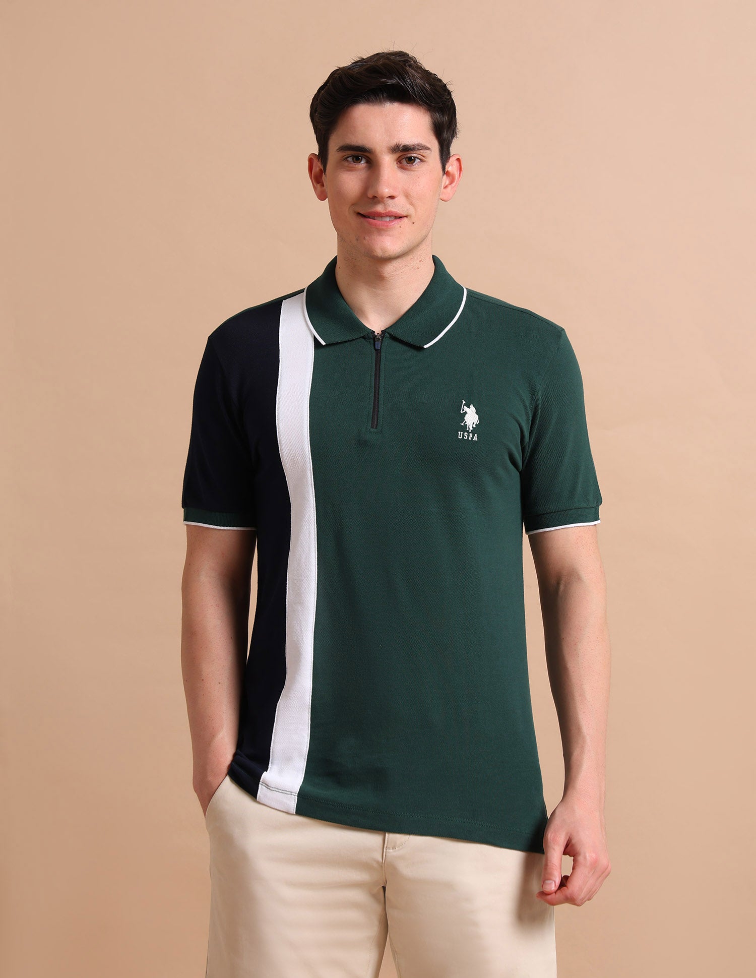 Colour Block Zipper Polo Shirt Green - U.S. POLO ASSN. | Large
