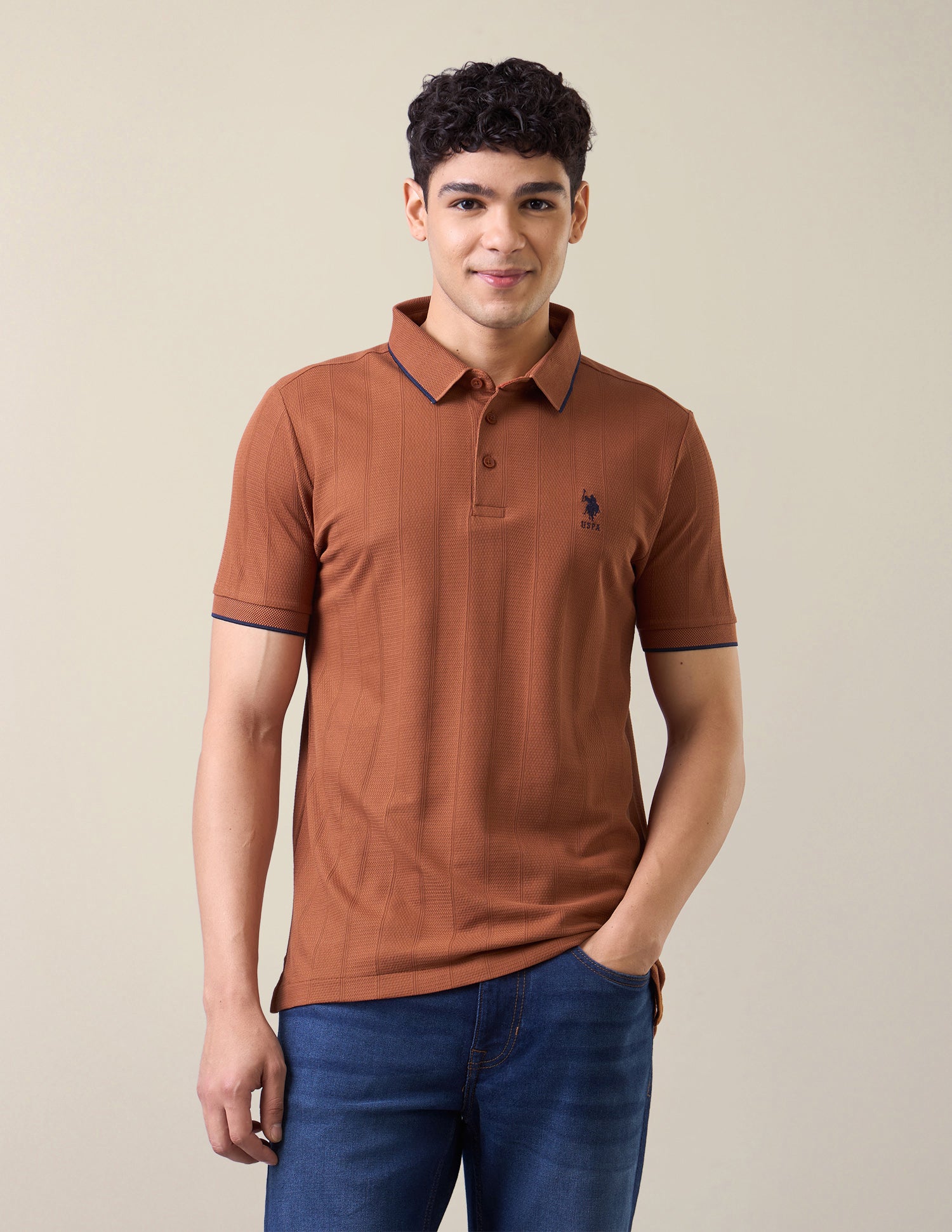 Self Design Vertical Striped Slim Fit Polo Shirt Rust - U.S. Polo Assn. India | Large