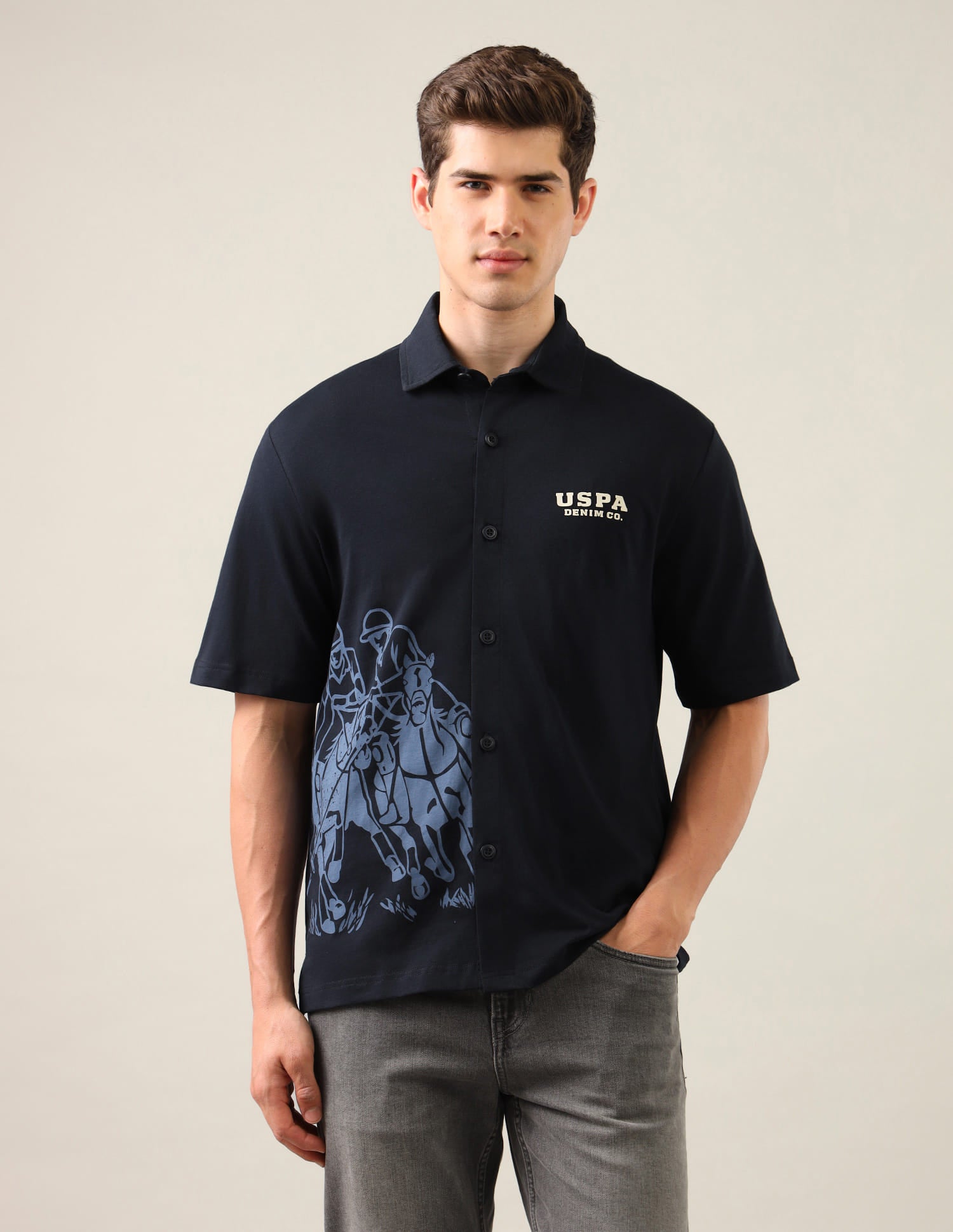 Graphic Brand Printed Knitted Shirt Blue - U.S. Polo Assn. India | Large