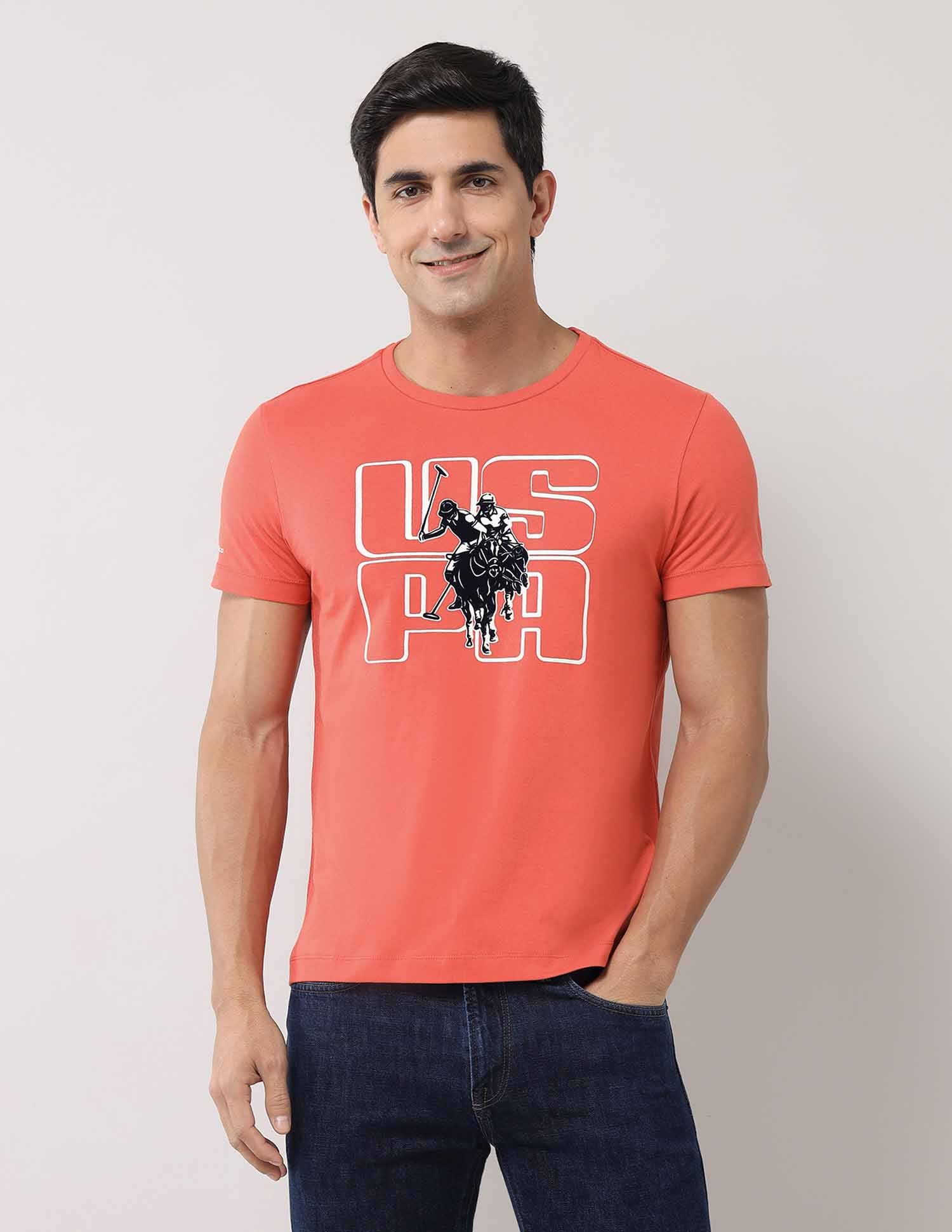 Brand Printed Pure Cotton T-Shirt Orange - U.S. POLO ASSN. | Large