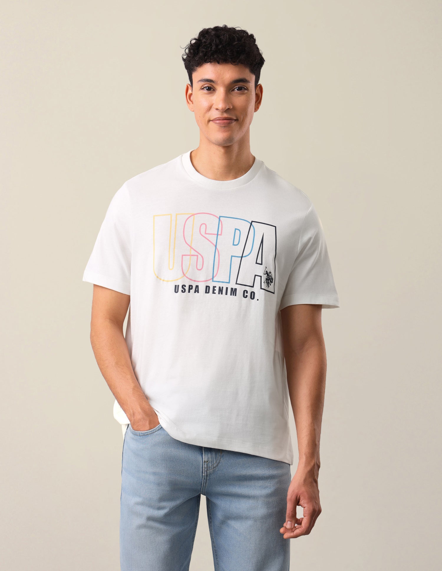 Brand Typographic Printed Relaxed Fit T-Shirt Ivory - U.S. Polo Assn. India | Large